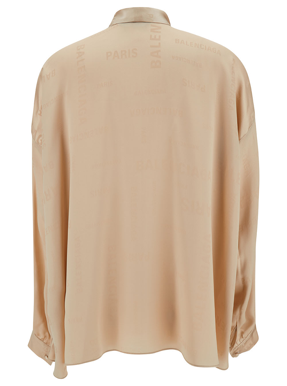 Shop Balenciaga Oversized Beige Shirt With Bow Detail And All-over Jacquard Logo In Silk Woman