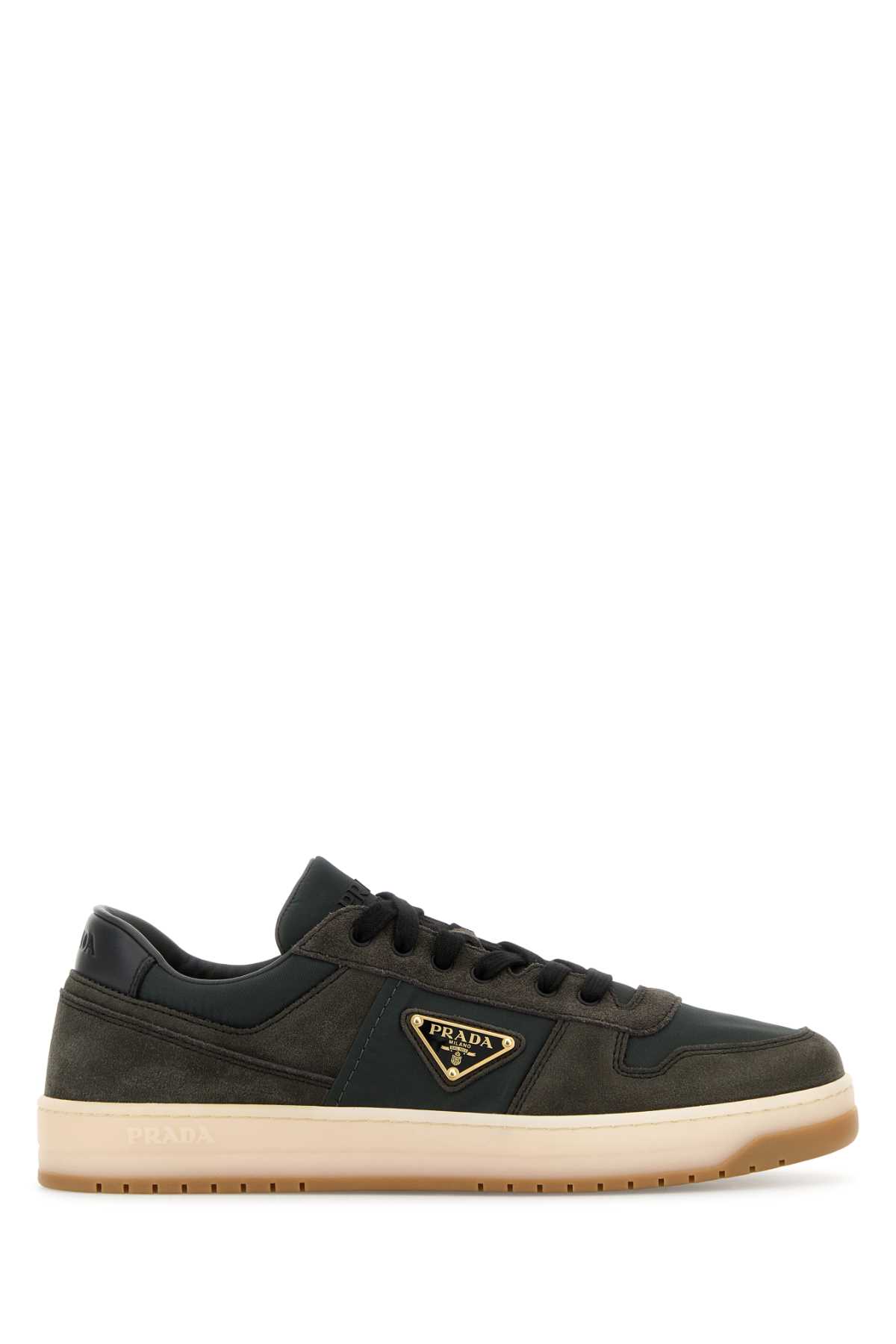 Shop Prada Two-tone Suede And Fabric Downtown Sneakers In Ematitepiombo