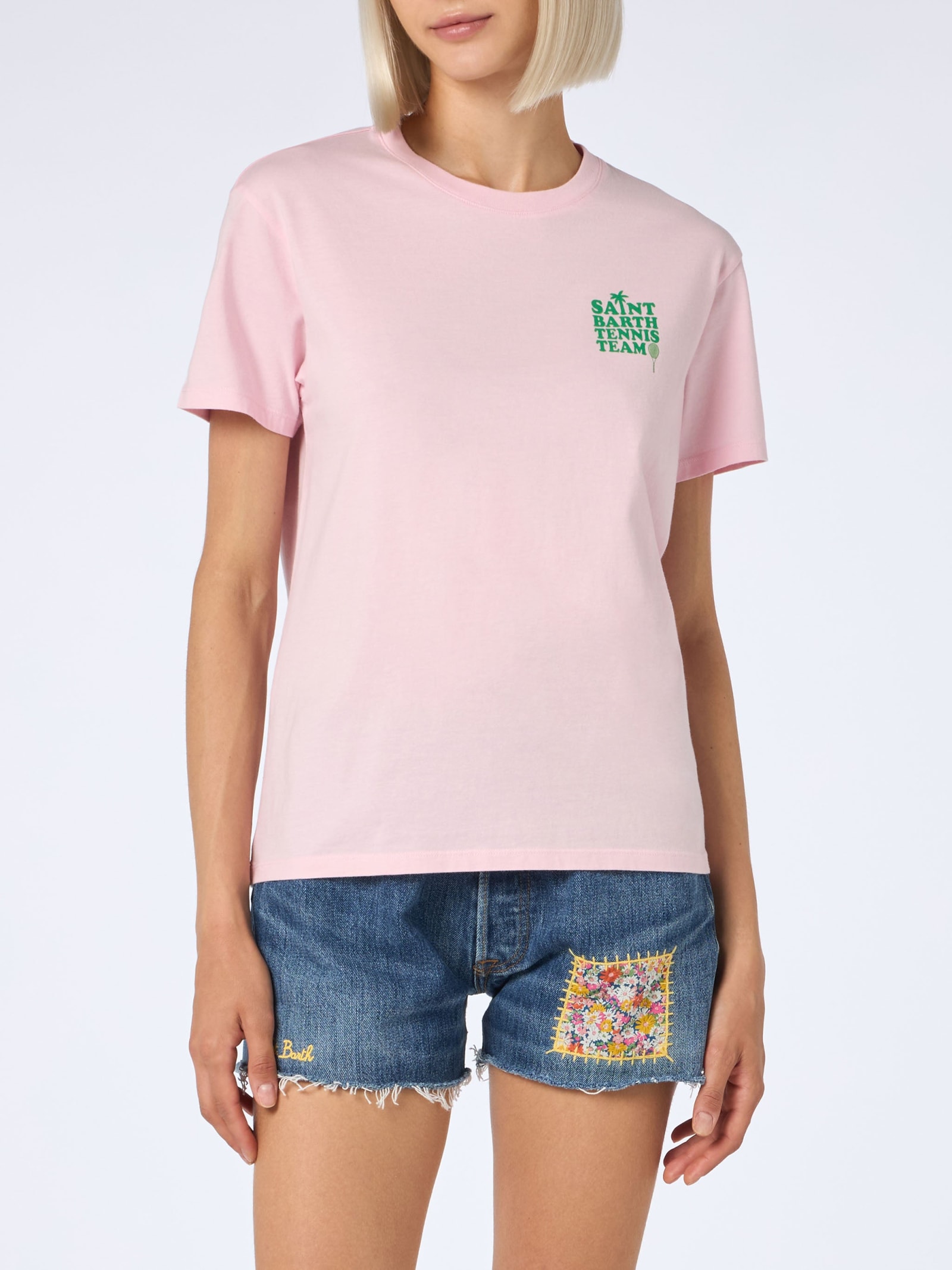 Mc2 Saint Barth Pink Cotton T-shirt With St Barth Tennis Team Print In Pink