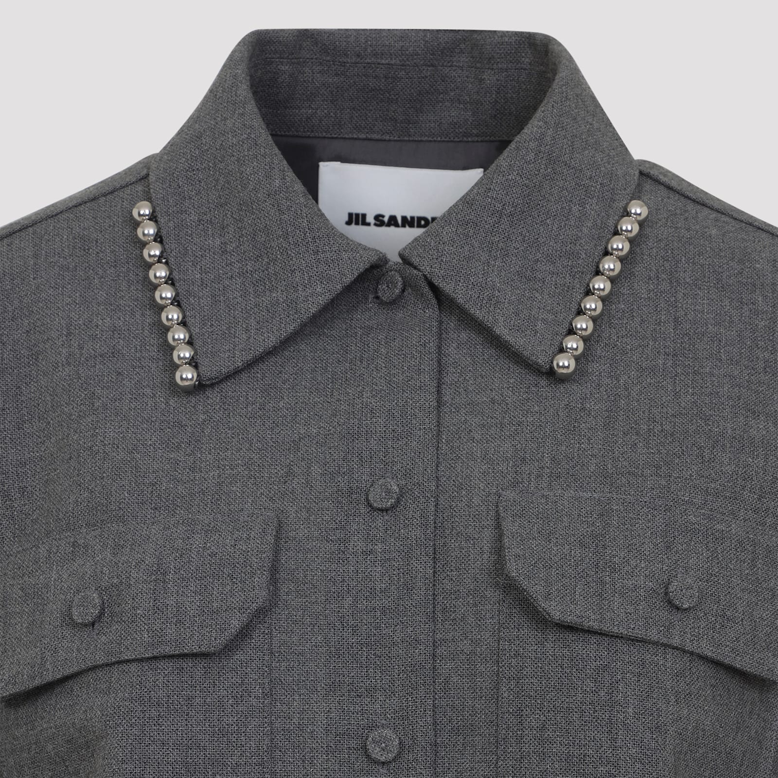 Jil Sander Relaxed Fit Grey Wool Shirt With Pearl Trim And Flap Pockets In Gray