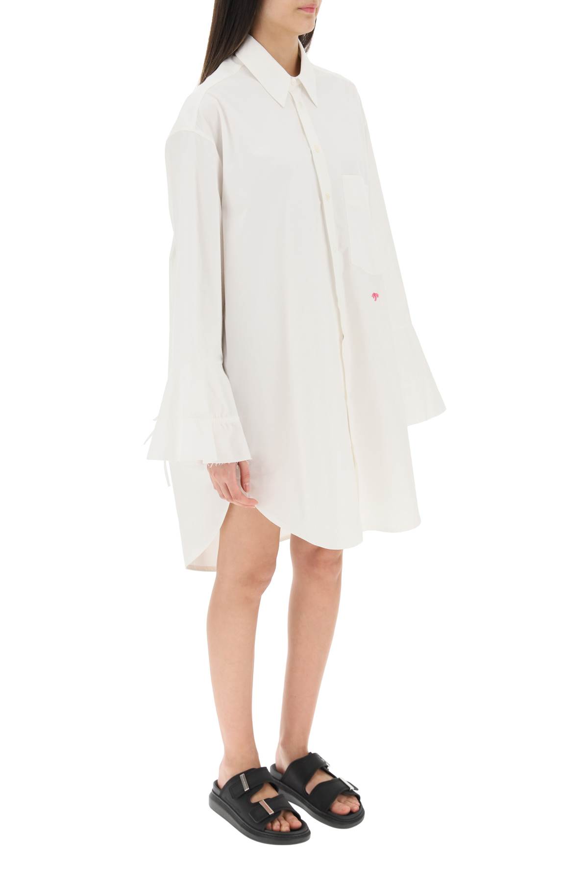 Shop Palm Angels Shirt Dress With Bell Sleeves In White Black (white)
