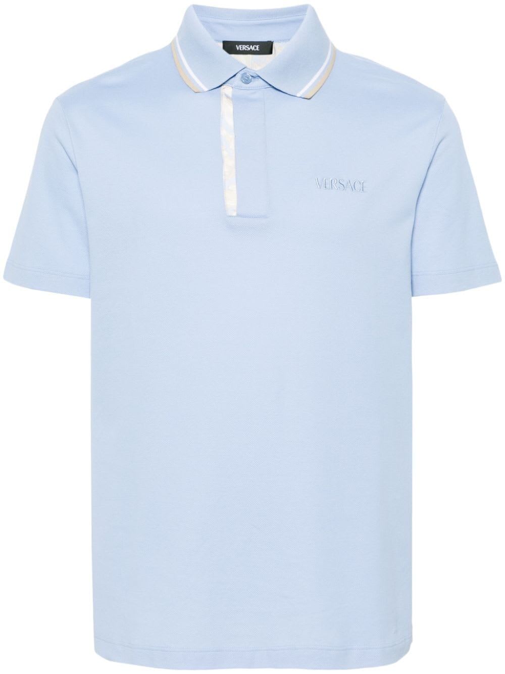 Shop Versace Polo Piquet Fabric With Printed Silk Inserts And Embroidery In Blue Hydrangea