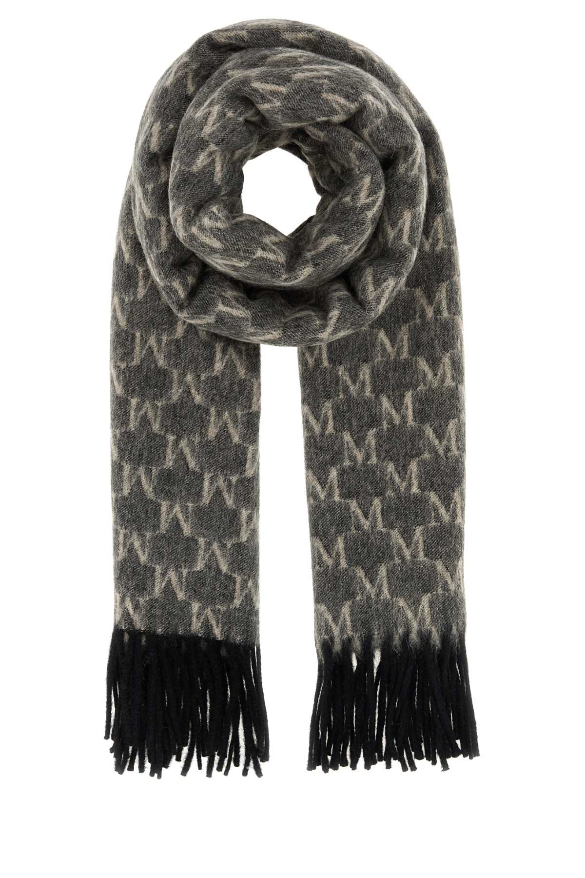 Max Mara Logo Scarf With Embroidered Design And Fringes In Gray