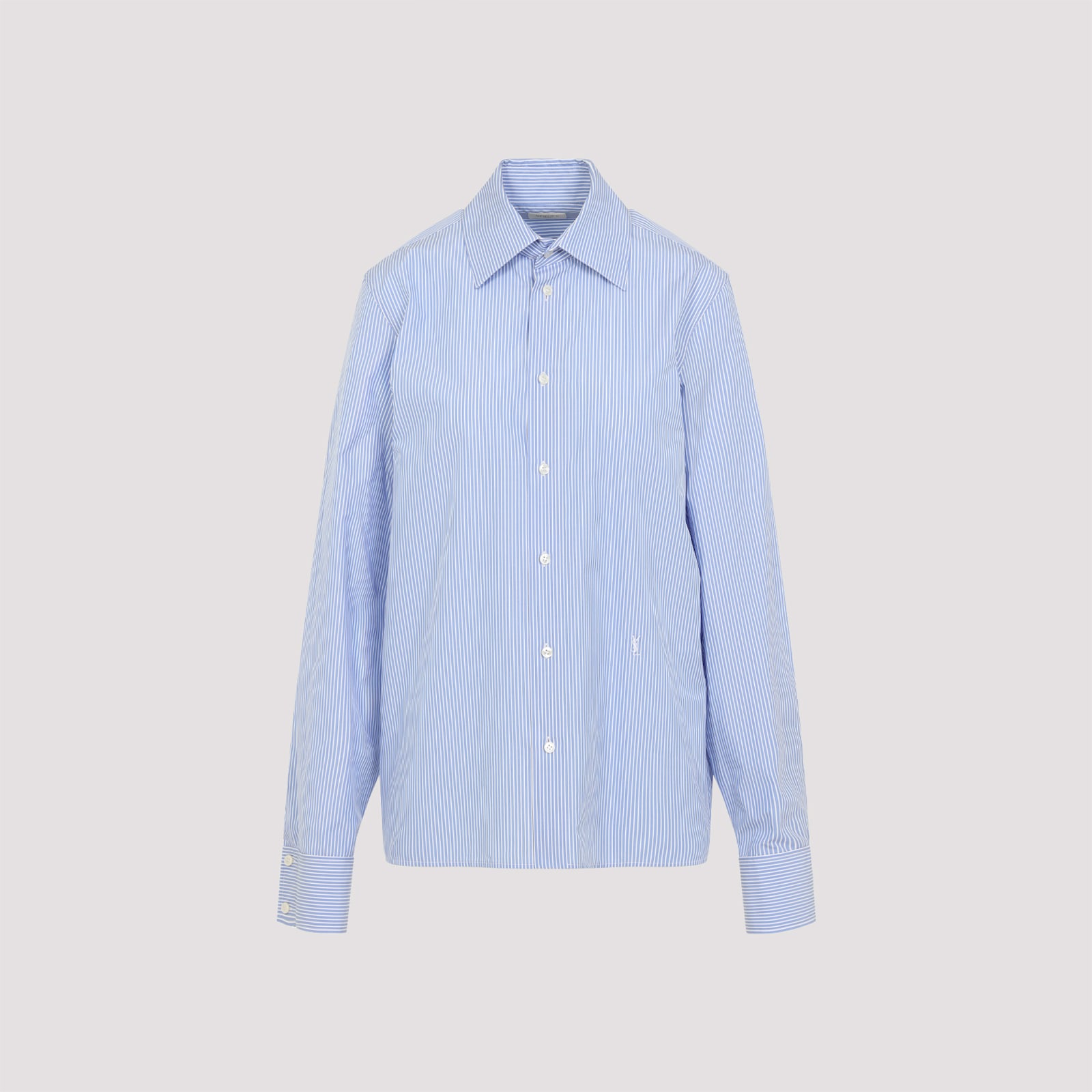 Saint Laurent Cassandre Striped Long-sleeved Shirt In Bleu Blanc