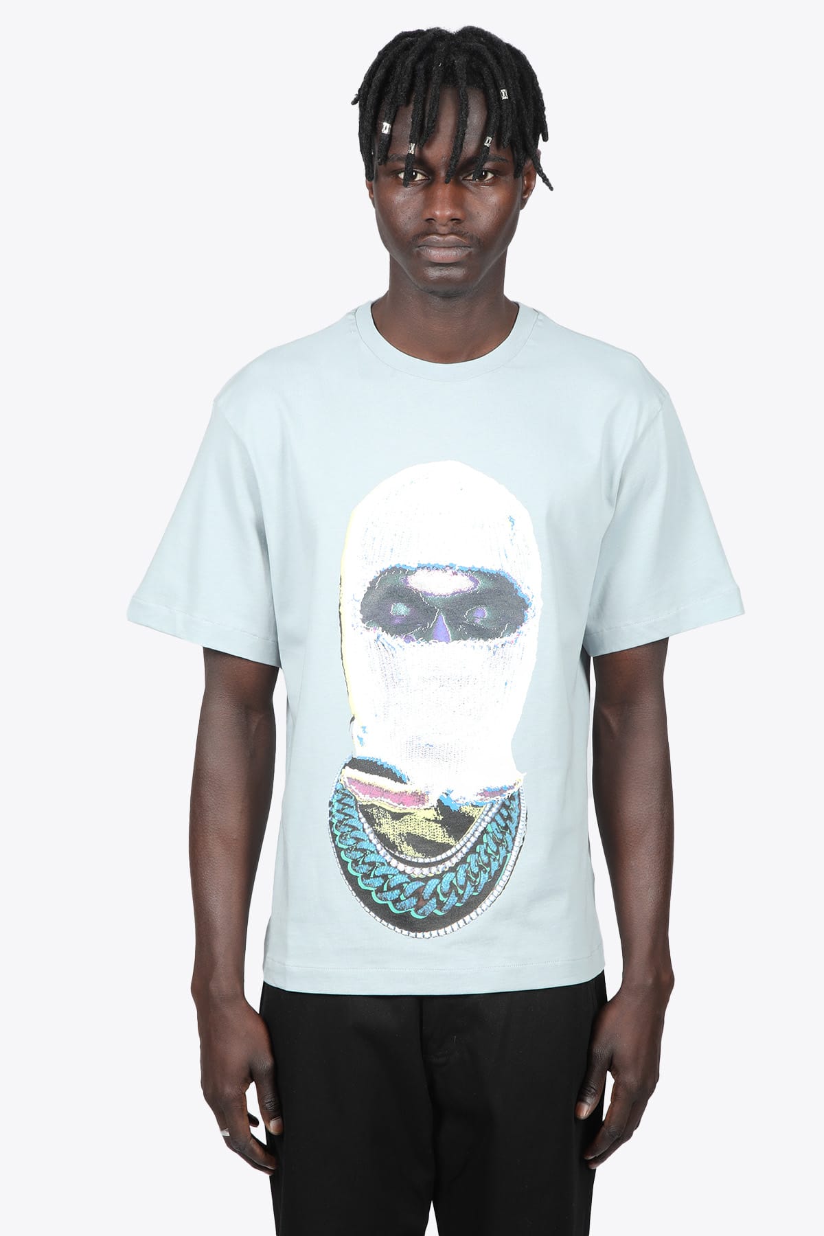 Ih nom uh nit T-shirt Relaxed Fit With Mask21 Milk On Front Light blue cotton t-shirt with photographic print