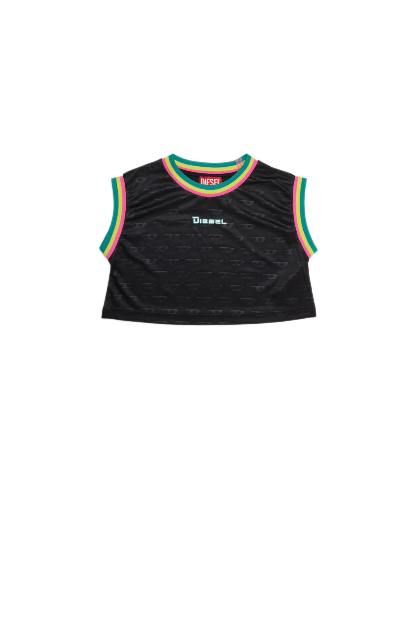 DIESEL TRISNY T-SHIRT DIESEL BLACK CROPPED BASKETBALL TANK TOP WITH ALLOVER LOGO