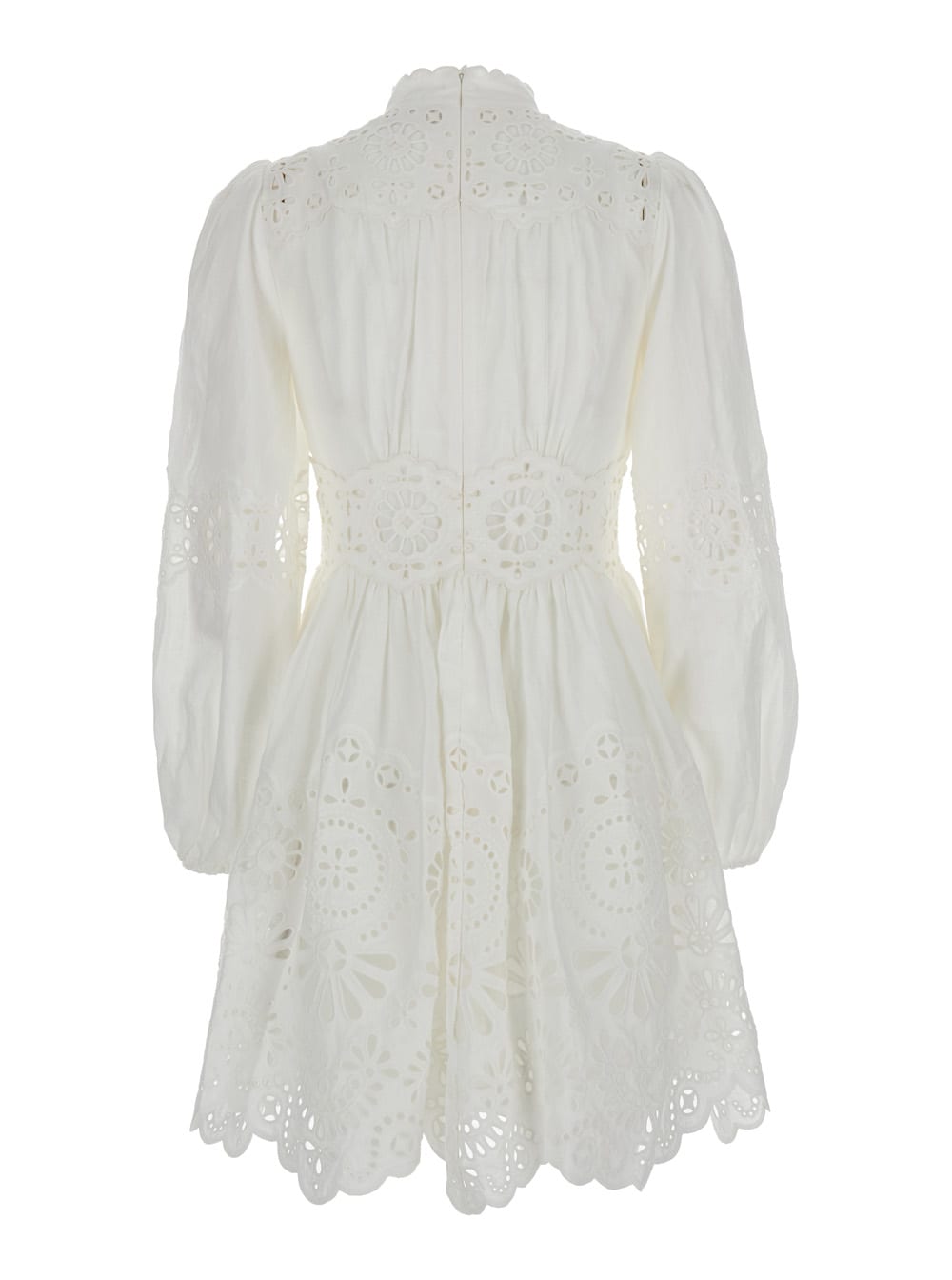 Shop Zimmermann Acaciawhite Mini Dress With All-over Broderie Anglaise And Scallop Hem In Tech Fabric Stretch Woman In White