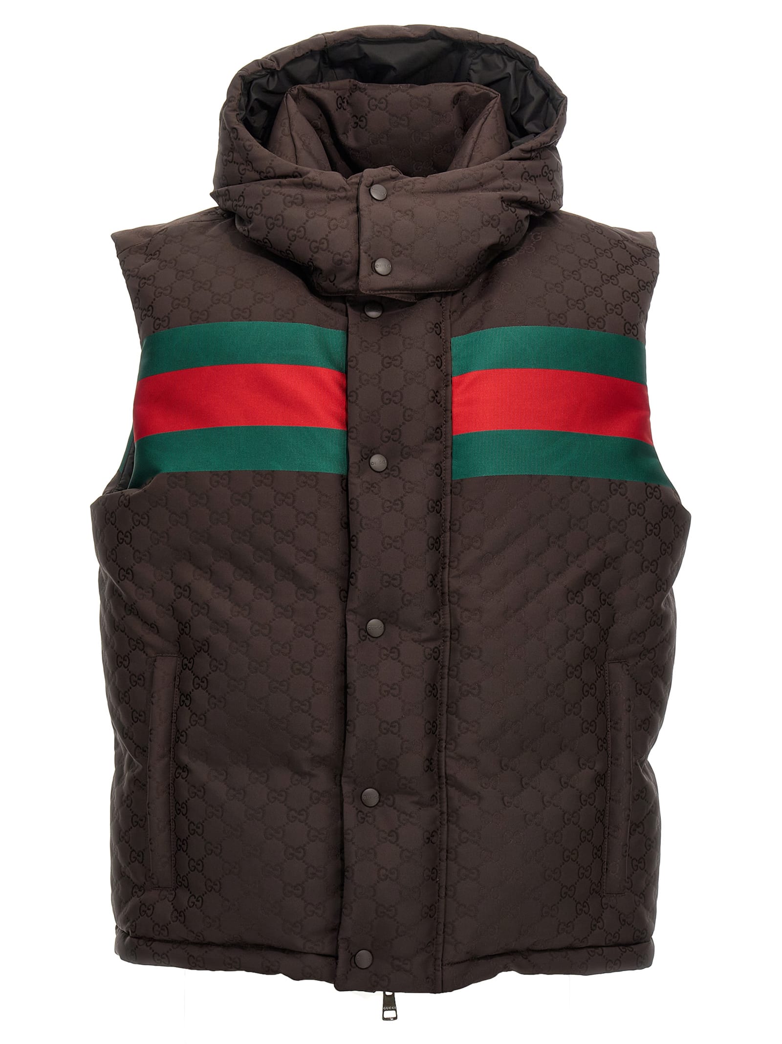 Gucci Dark Brown Gg Polyester Blend Sleeveless Down Jacket In Browngreenred