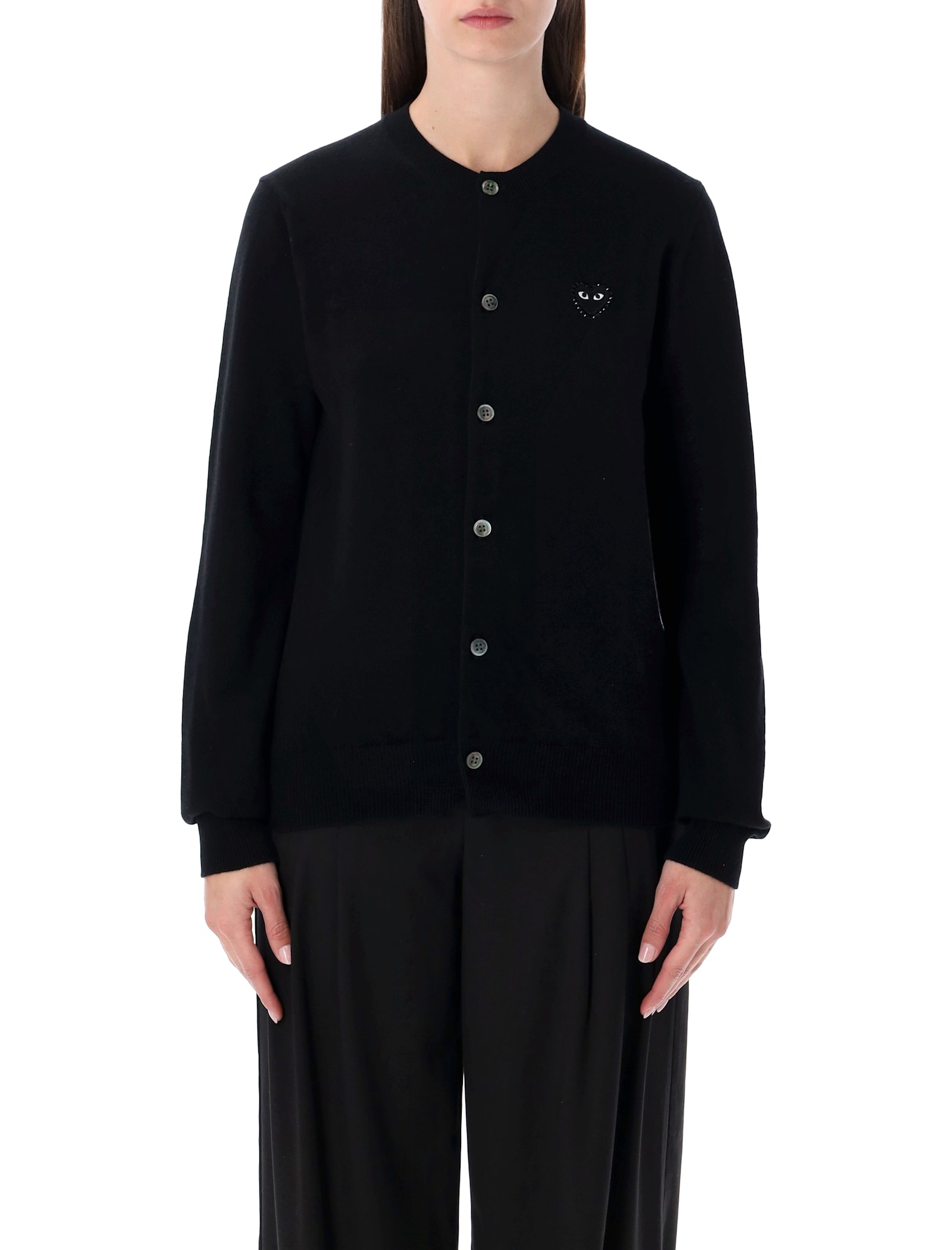 Comme Des Garçons Play Cardigan Round Collar Crystal Heart Blac In Black