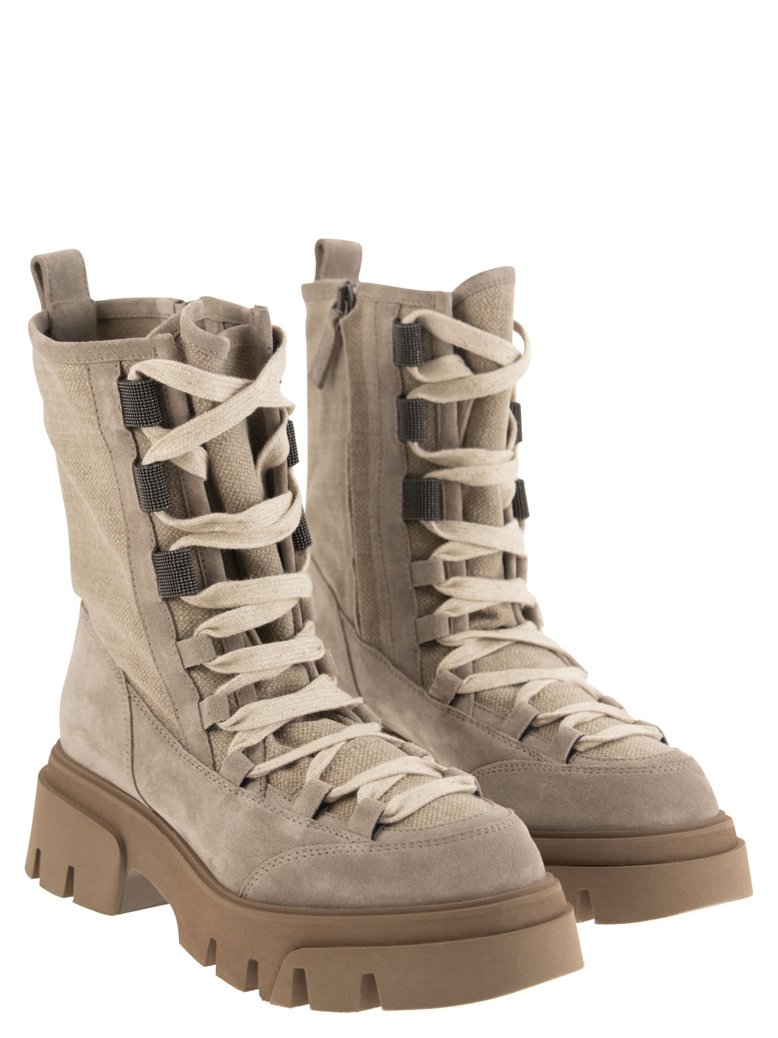BRUNELLO CUCINELLI SUEDE AND CANVAS BOOTS WITH PRECIOUS EYELETS