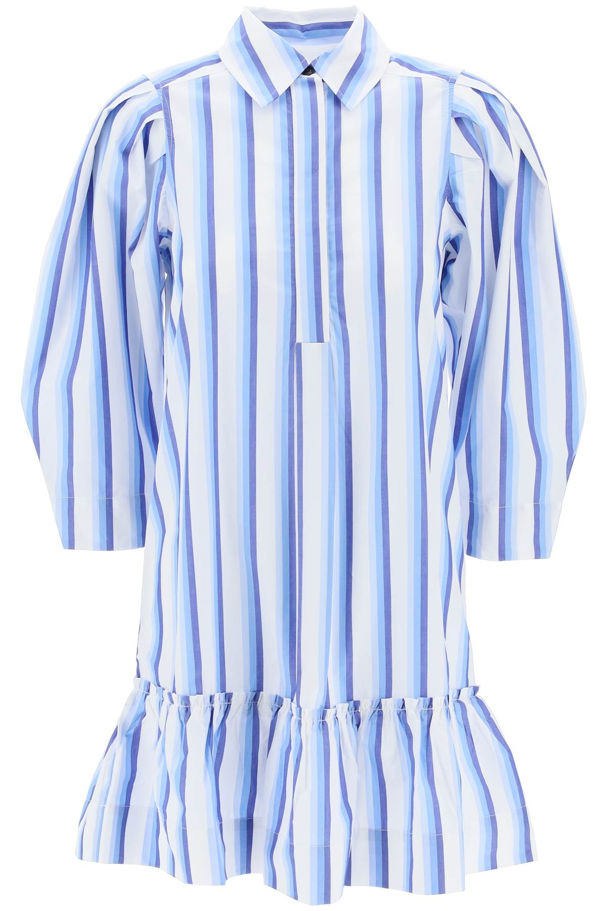 Shop Ganni Striped Dress With Ruffles. In Silver Lake Blue (pink)