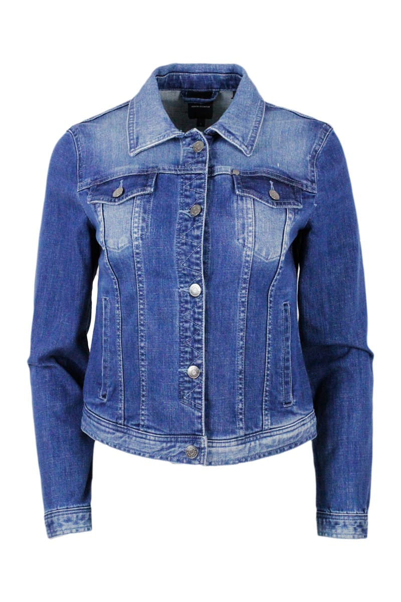 Armani Collezioni Stretch Denim Jeans Jacket With Button Closure And Chest Pockets