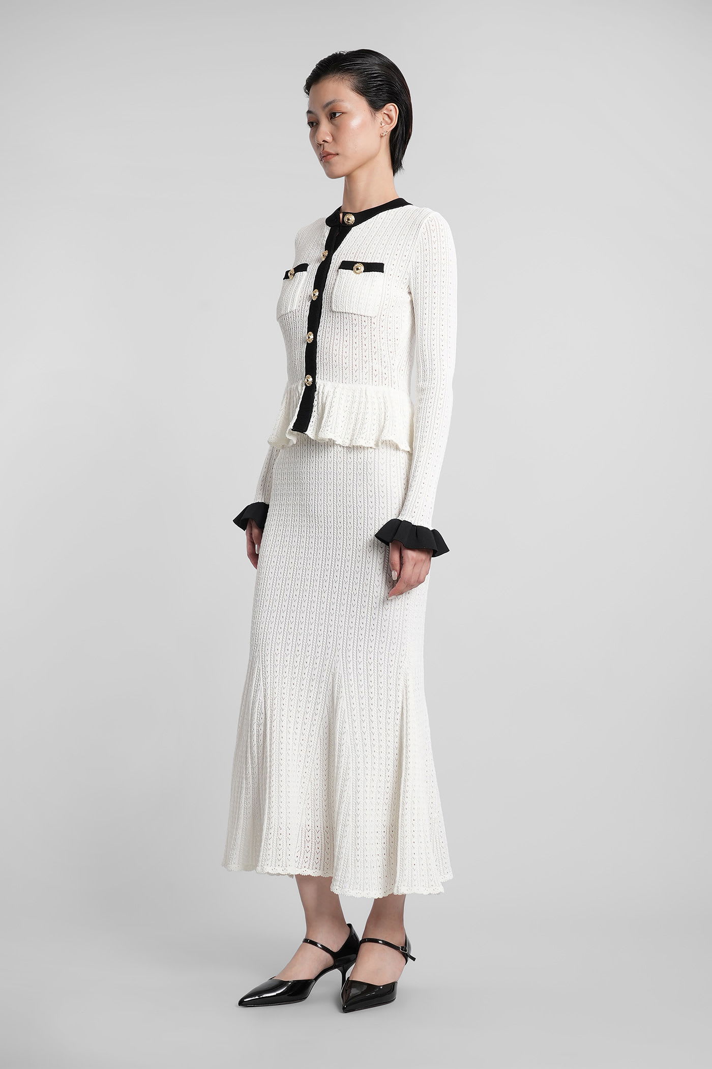 Self-portrait Pointelle Knit Contrast Midi Dress In White