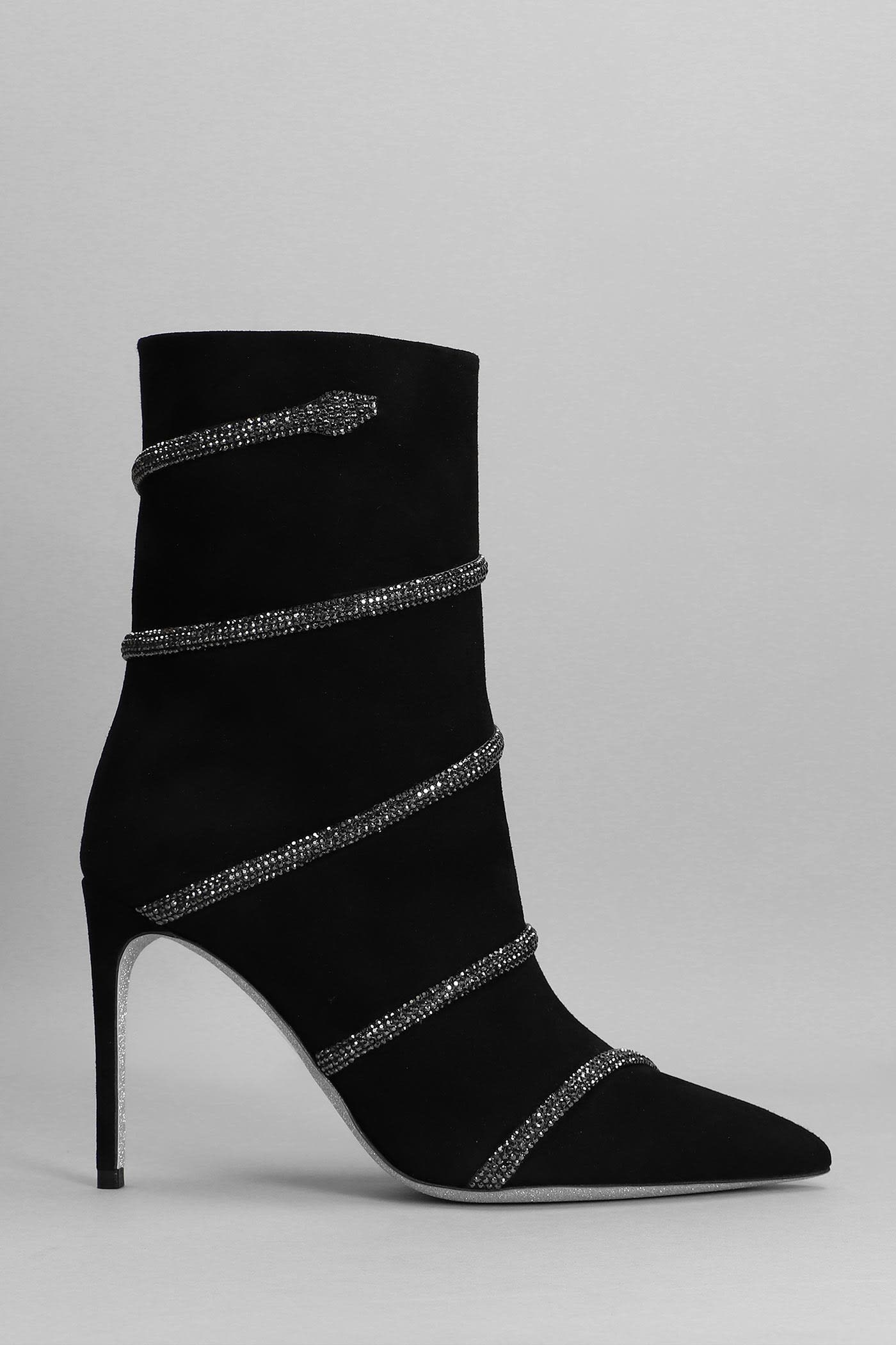 René Caovilla High Heels Ankle Boots In Black Suede