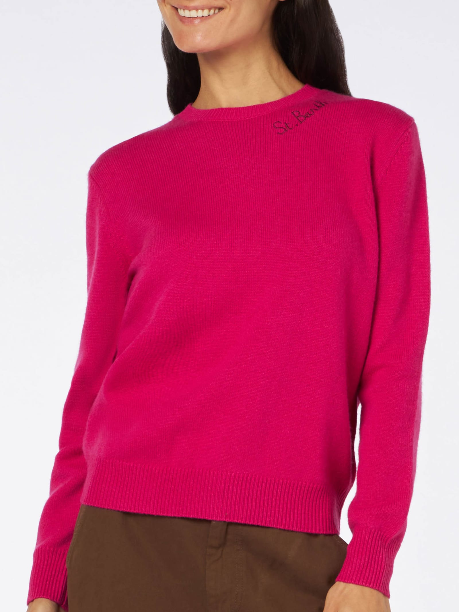 Mc2 Saint Barth Woman Crewneck Fuchsia Sweater With St. Barth Embroidery In Pink