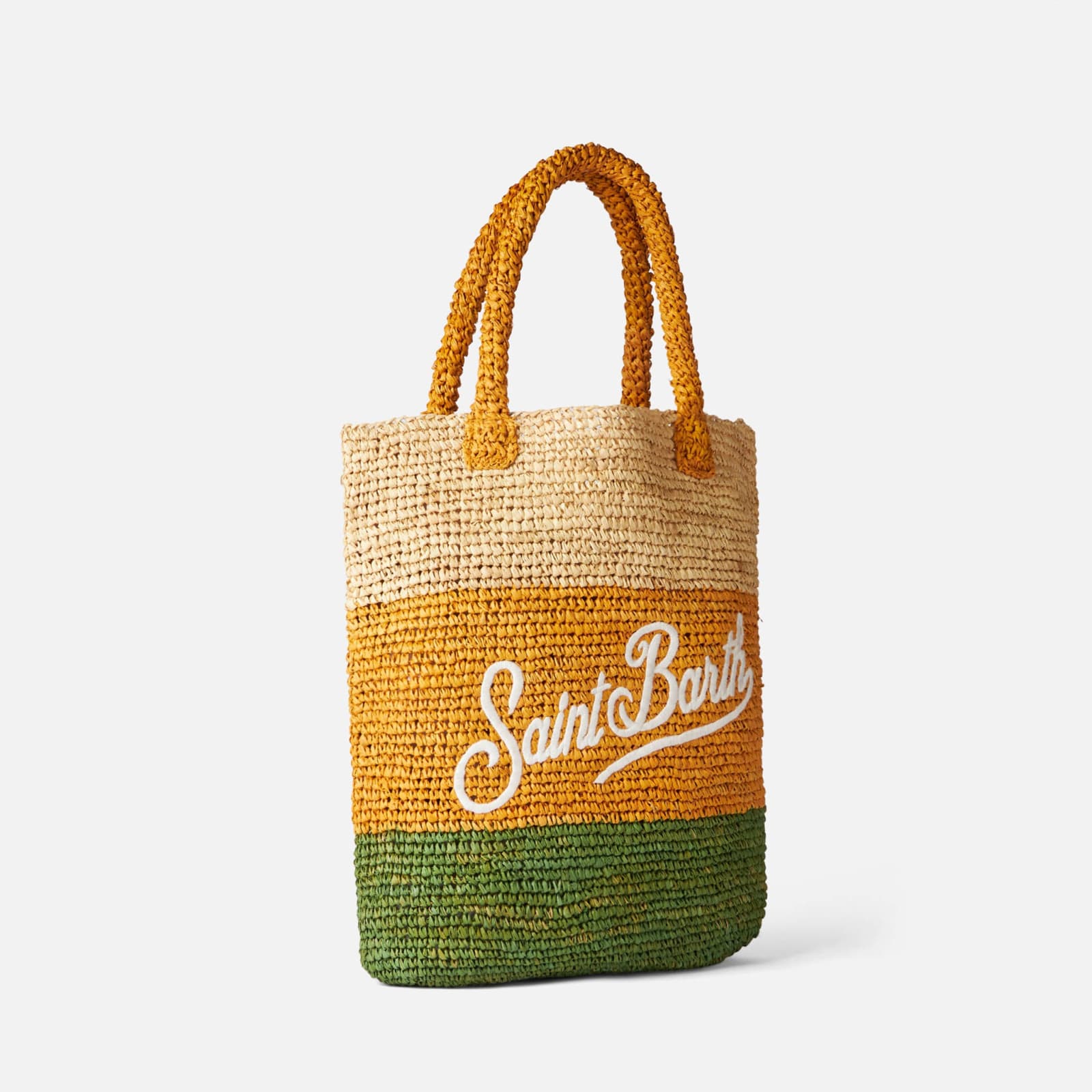 Shop Mc2 Saint Barth Raffia Bucket Bag With Multicolor Stripes And Embroidery In Yellow