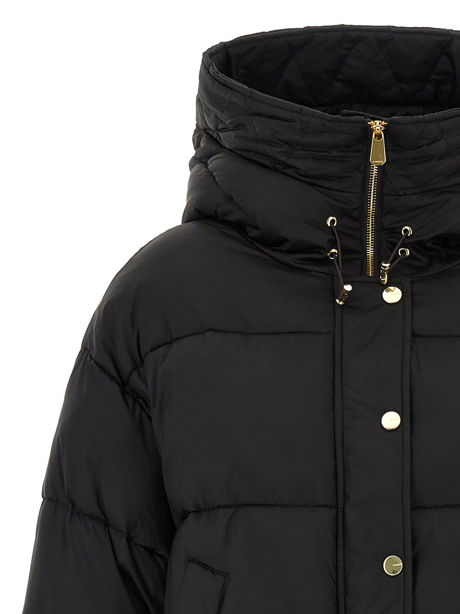 Pinko Cropped Black Coat With Hooded Neckline And Embroidered Logo In Brown