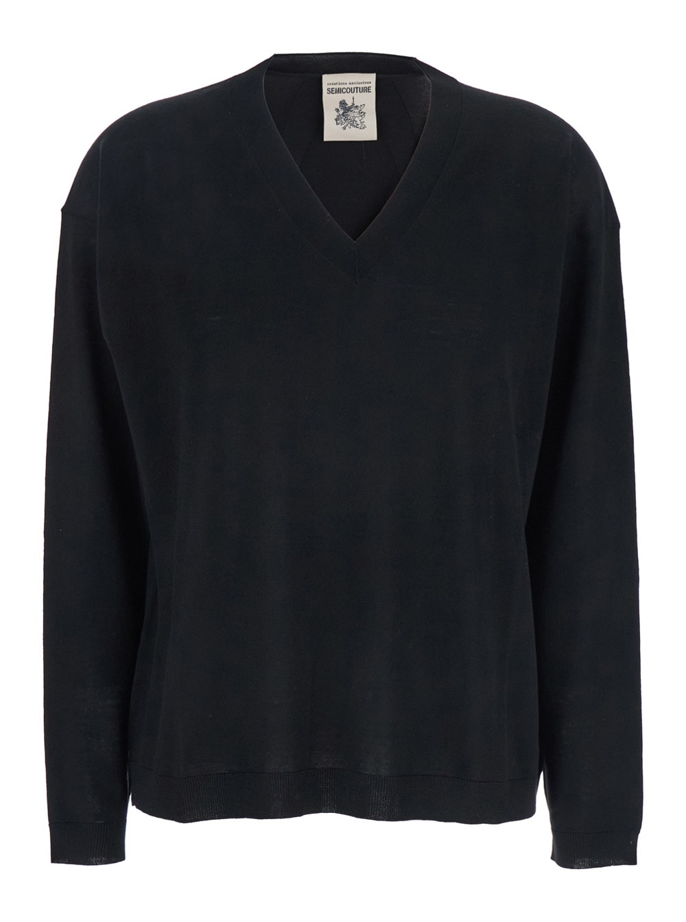 Black Sweater With V Neck And Ribbed Trims In Wool Woman