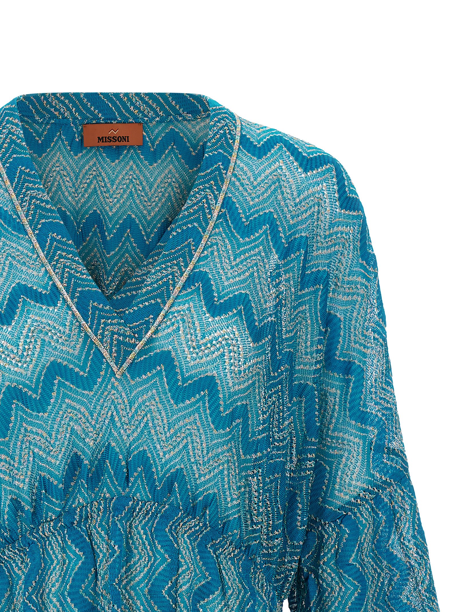 Missoni V-neck Knitted Dress Flared Sleeves In Blue