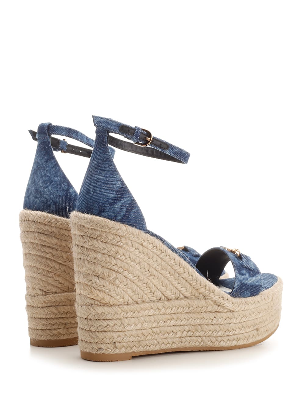 Shop Versace Straw Wedge Sandals In Bluegold