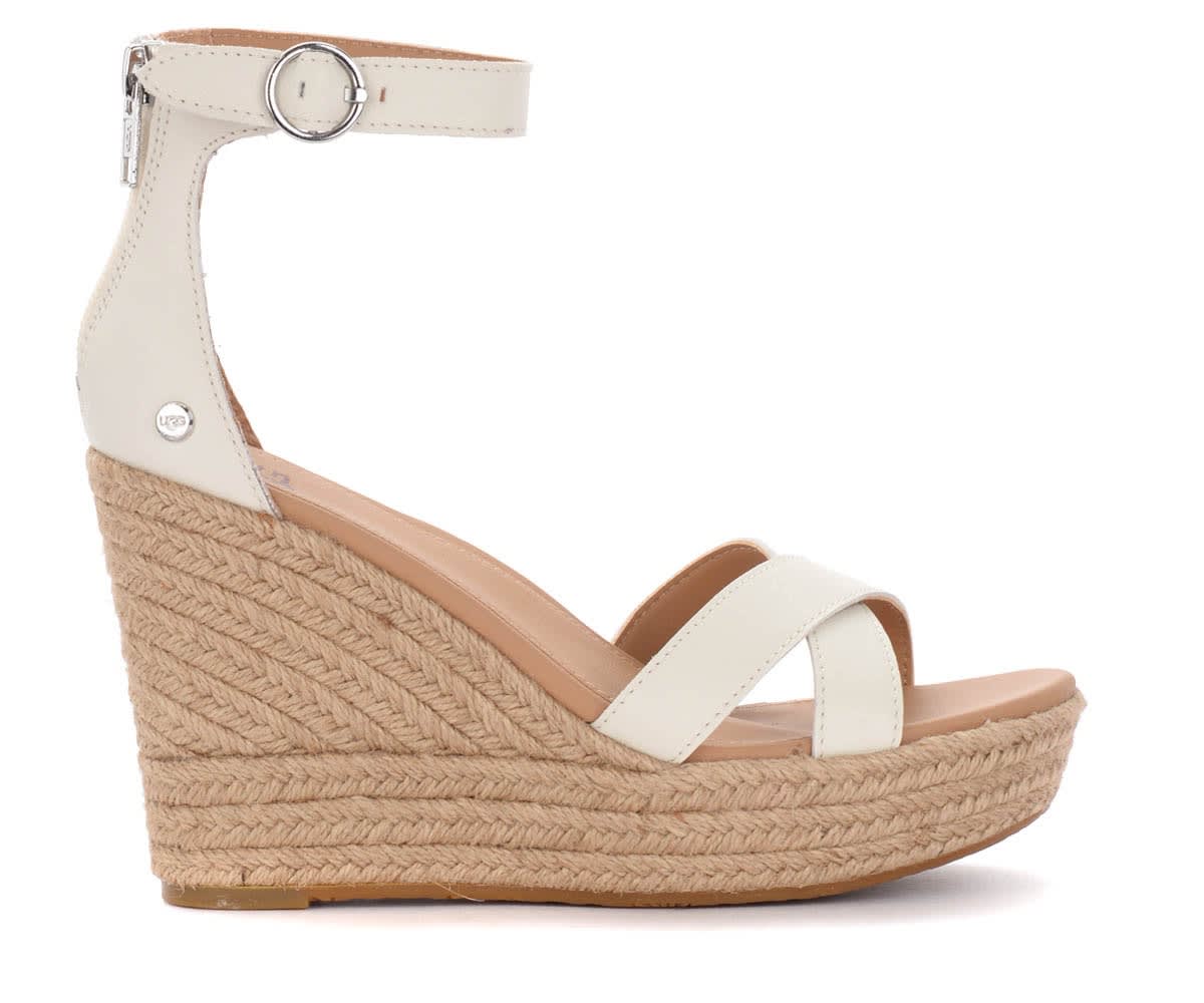 Ugg Ezrah Wedge Sandals In White Leather In Bianco | ModeSens