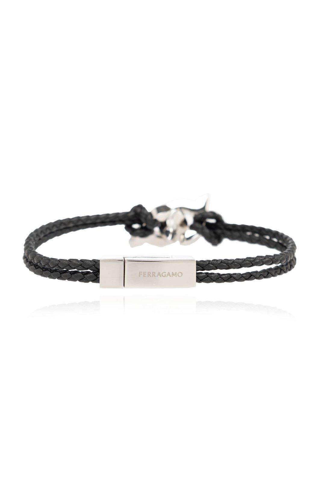 Shop Ferragamo Logo Engraved Intertwined Gancini Bracelet In Black