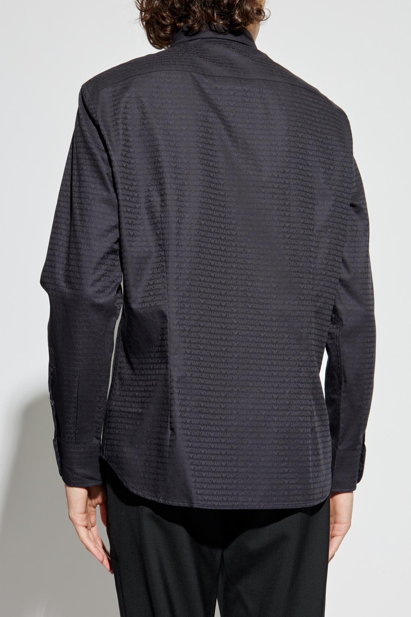 Emporio Armani Cotton Shirt With All-over Logo In Blue In Black