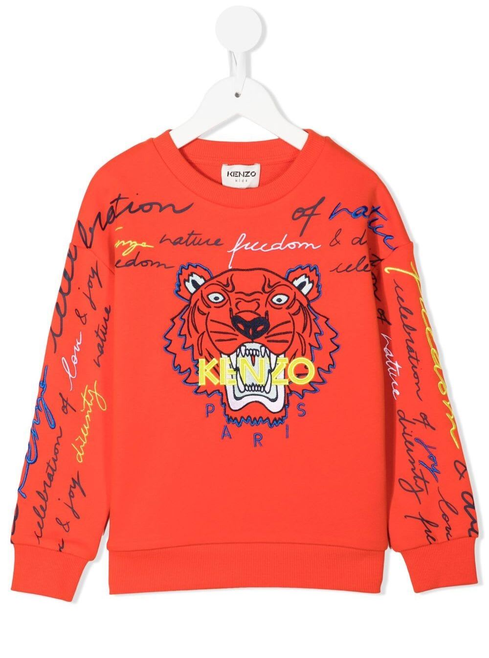 Kenzo Kids Tiger And Logo Embroidered Orange Cotton Sweatshirt Boy