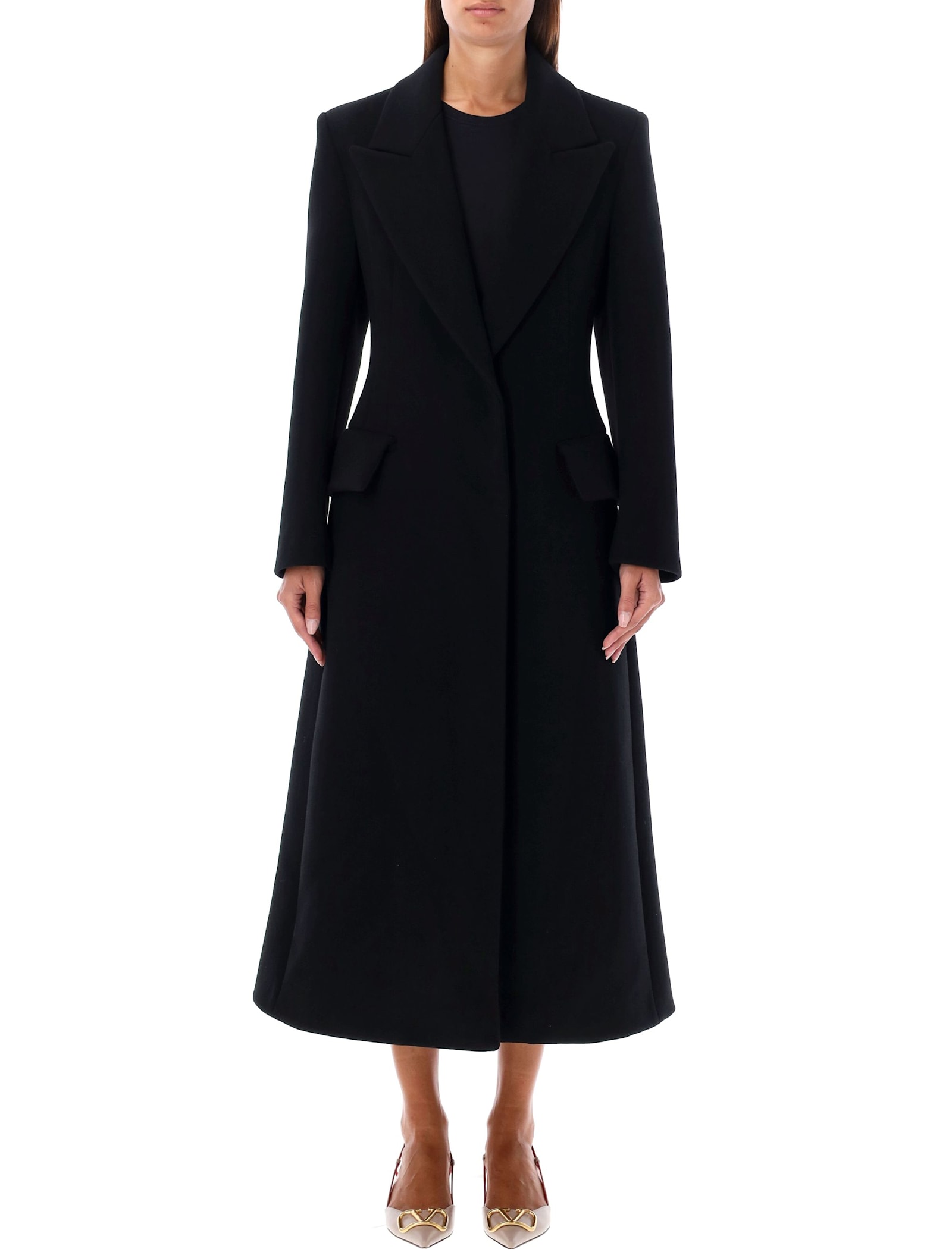 Shop Valentino Long Wool Coat In Nero