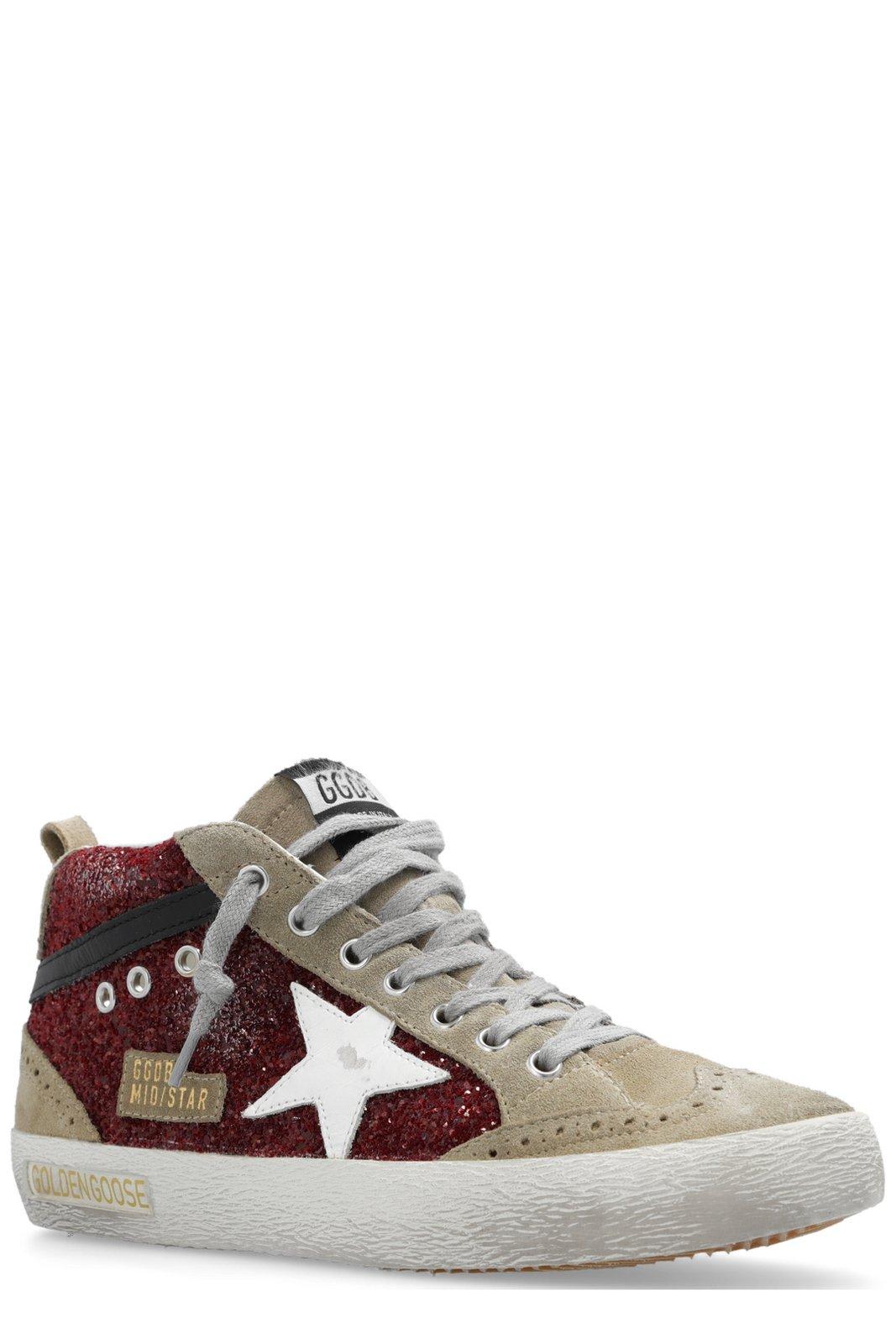 Golden Goose Deluxe Brand Women Mid Star Classic High-top Suede Sneakers With Glitter Inserts In Dark Red/taupe/white/black
