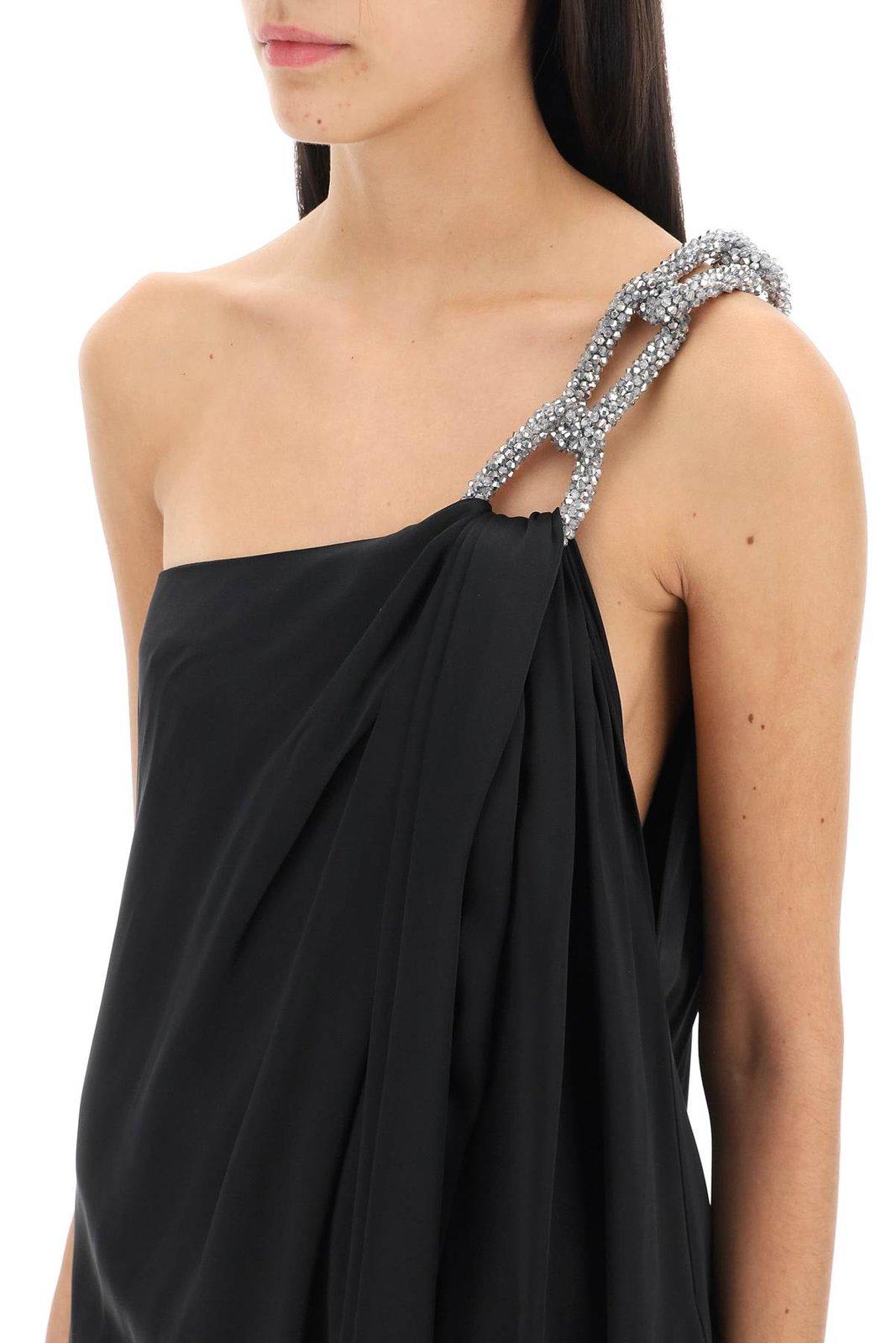 Shop Stella Mccartney Falabella Embellished Chain-linked Satin Gown In Black