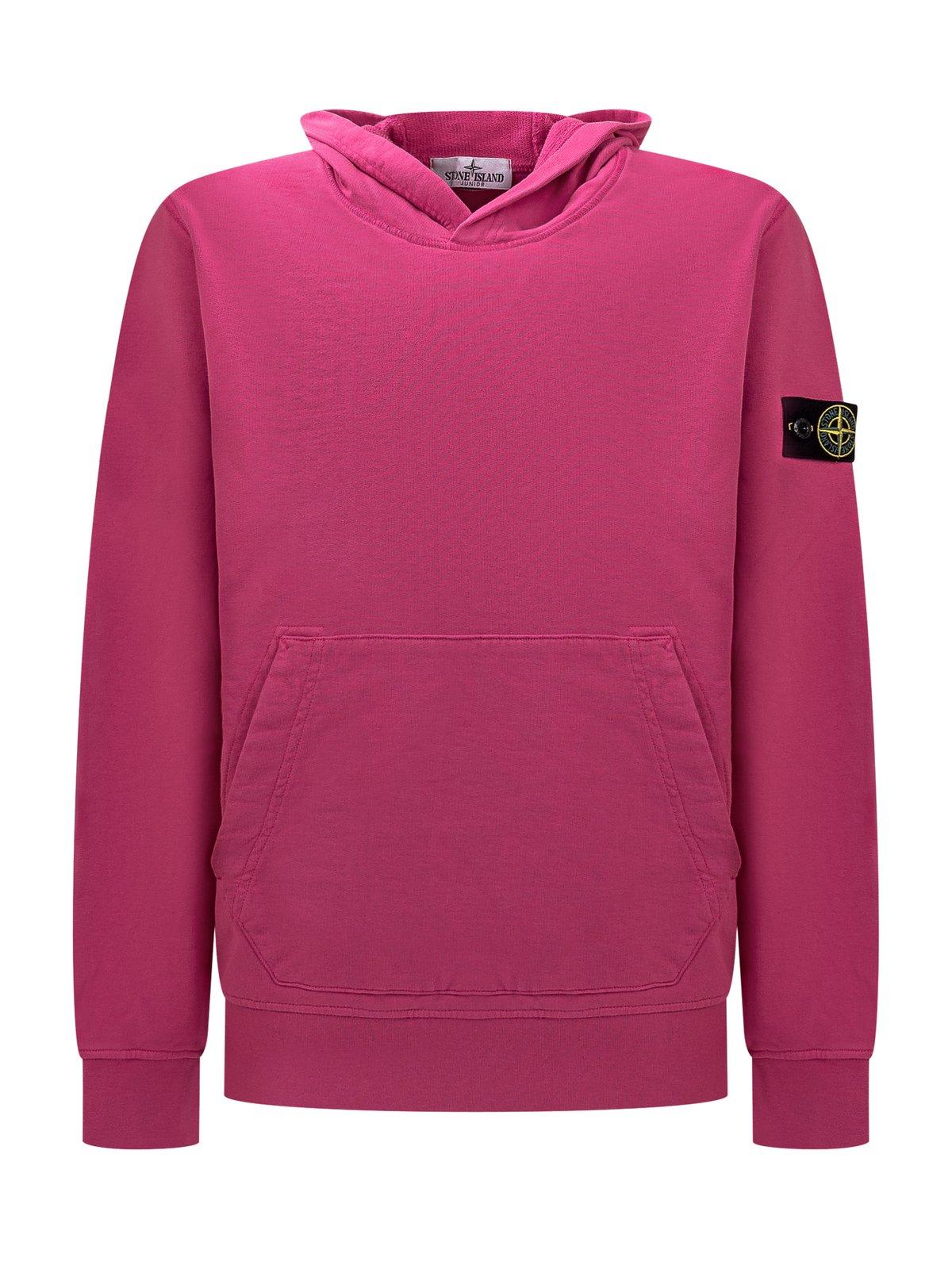 Shop Stone Island Compass-patch Long-sleeved Hoodie In Fucsia