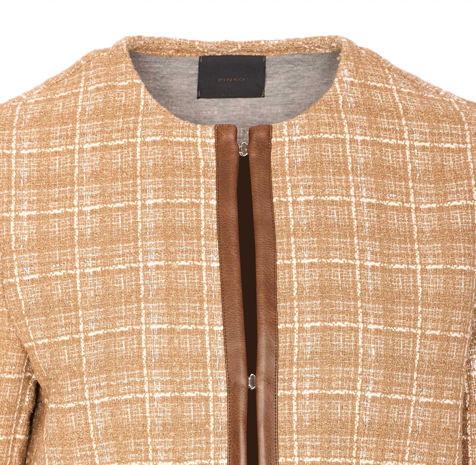 Pinko Small Open Jacket In Tweed And Imitation Leather In Beige