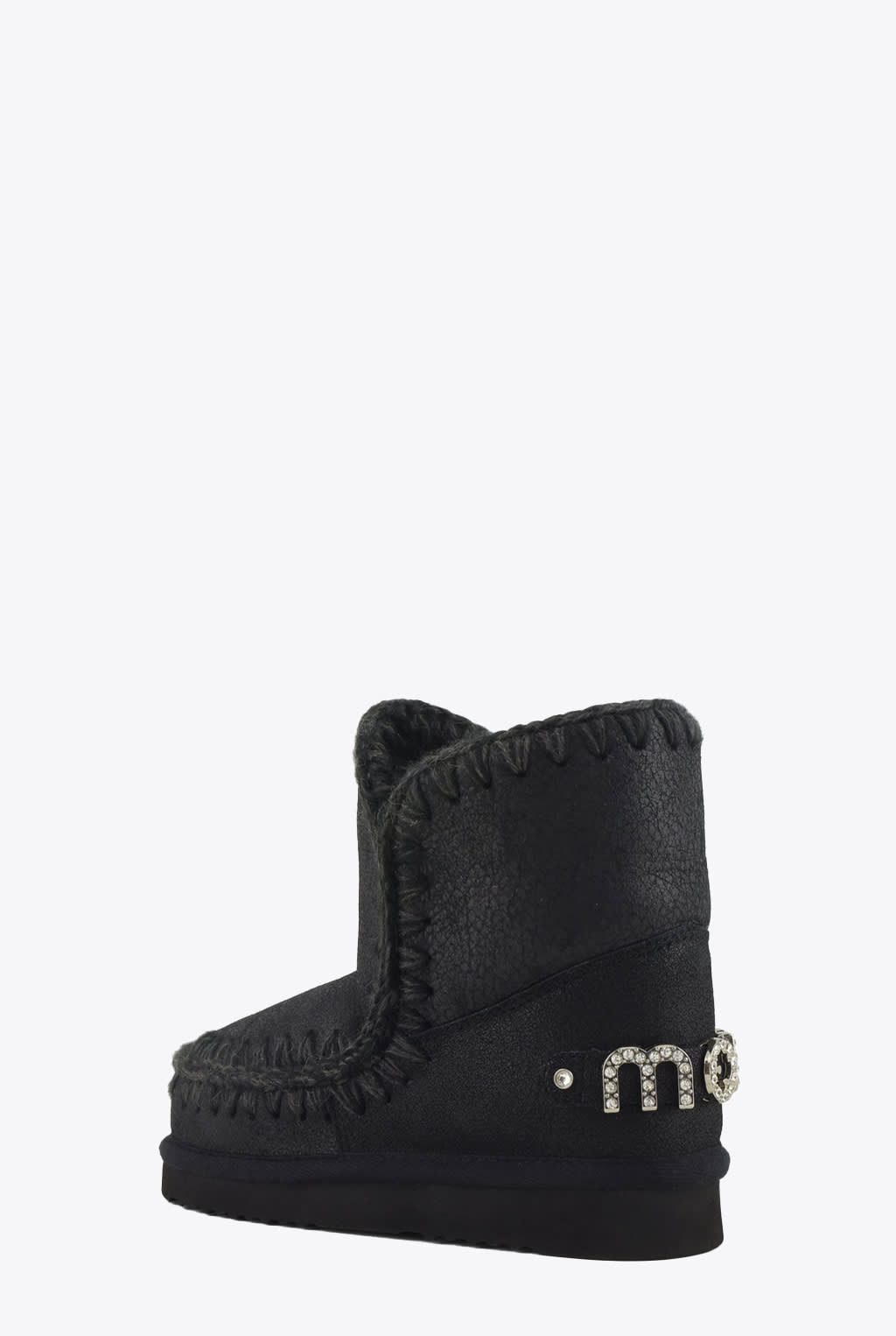 Shop Mou Eskimo 18 Rhinestones Logo Black Sheepskin Ankle Boots - Eskimo 18 Rhinestones Logo In Cbkg Cracked Black