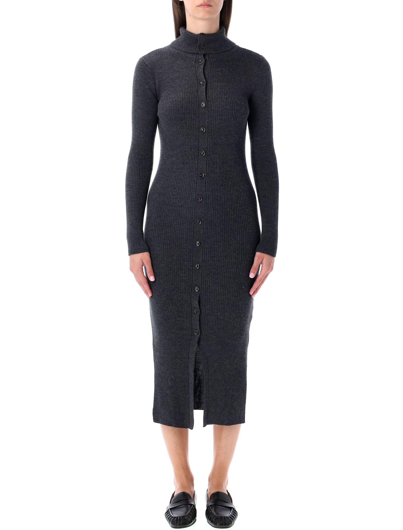 Sessun Charcoal Ribbed Knit Midi Dress With Buttons In Gray