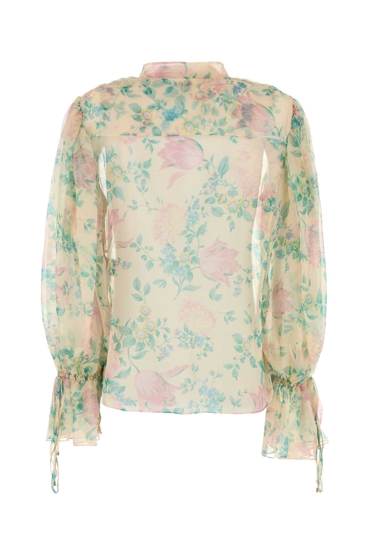 Chloé Floral Silk Balloon-sleeve Button-down Top In Seedpearlbeige