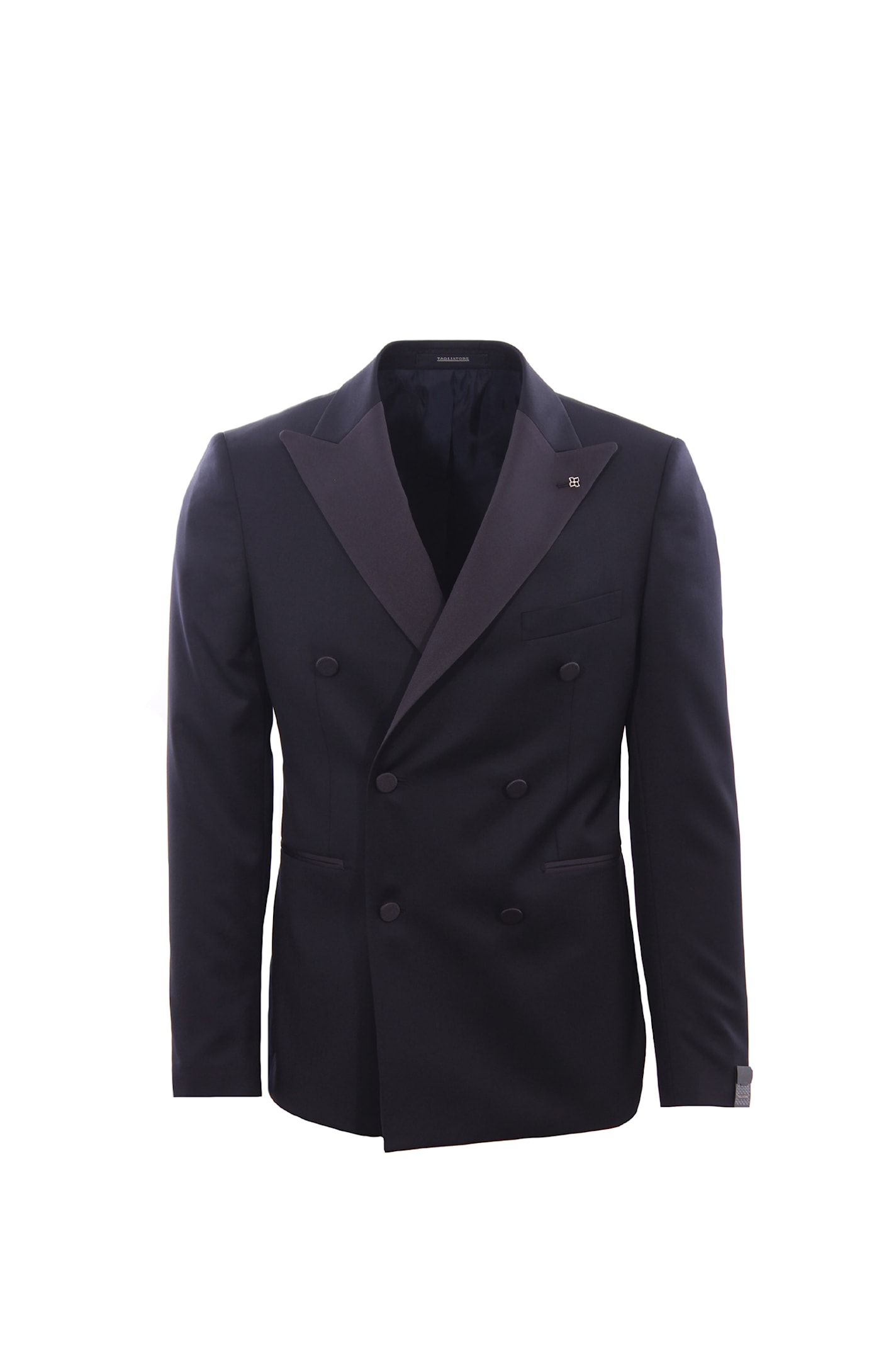 Tagliatore Black Double-breasted Tuxedo Suit With Covered Buttons In Blue