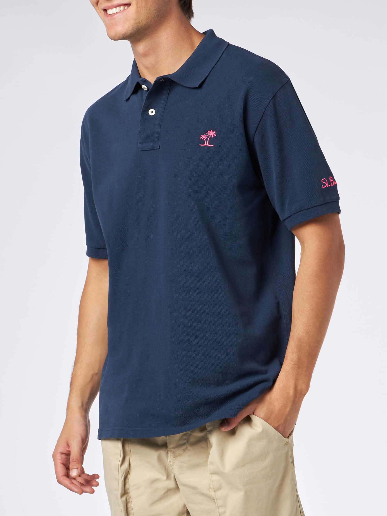 Mc2 Saint Barth Man Blue Piquet Polo With St. Barth Logo And Vintage Effect In Blue