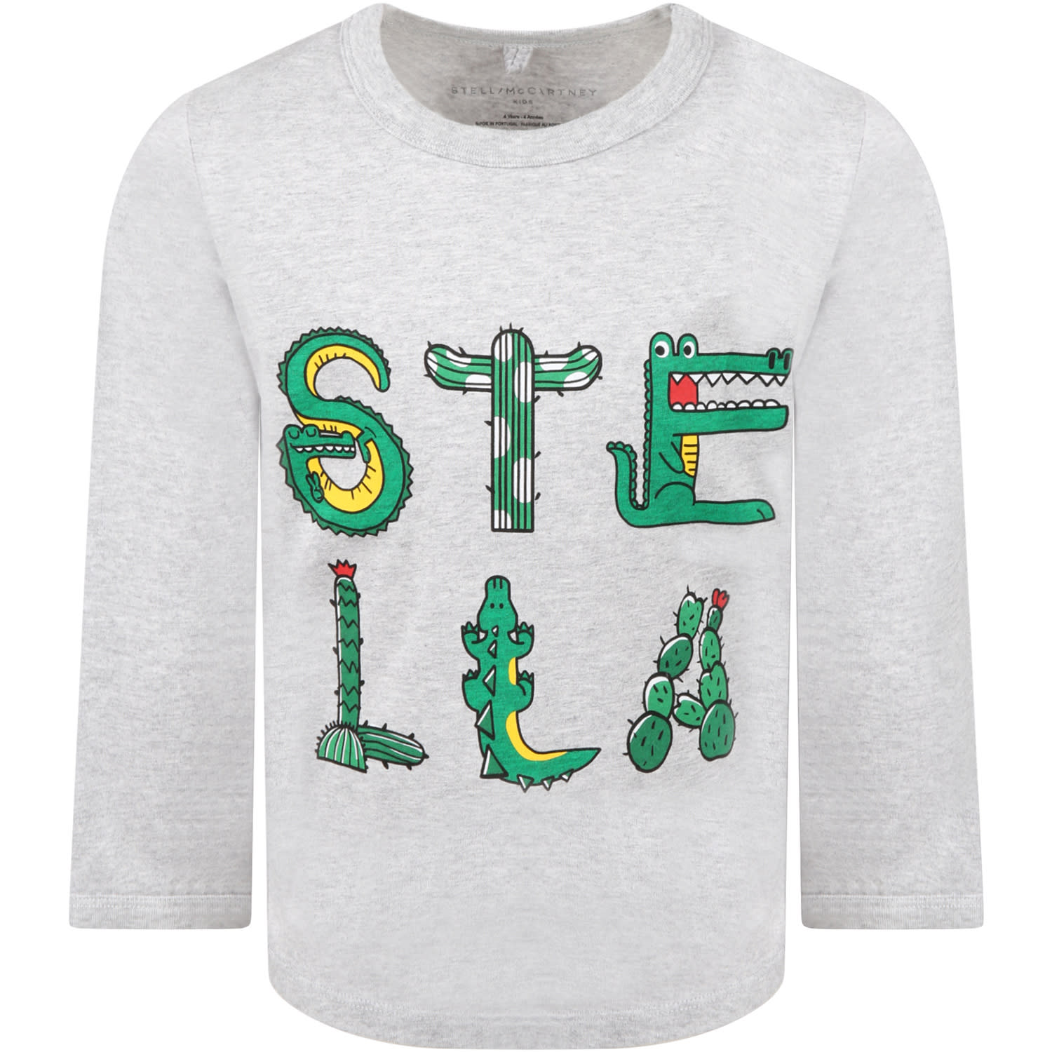 Stella McCartney Kids Gray T-shirt For Kids With Green Logo And Crocodiles
