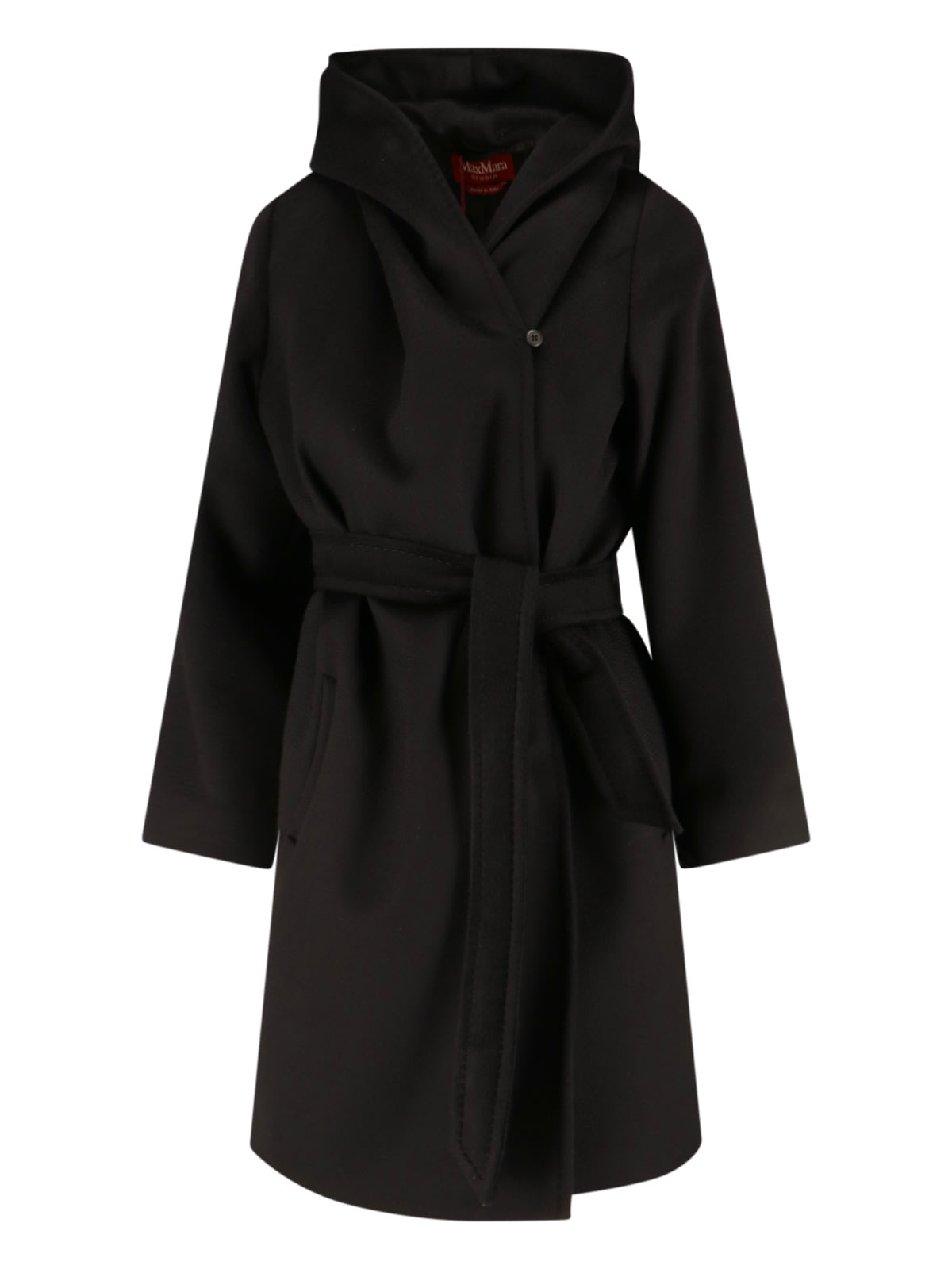Max Mara Waist Belted Button Detail Hooded Jacket In Black