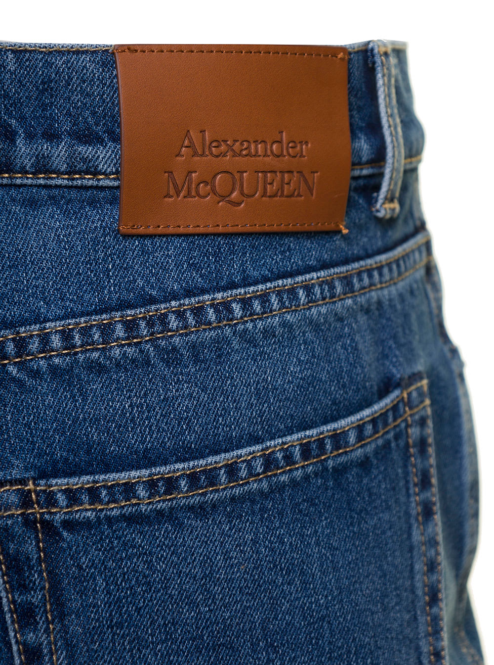Shop Alexander Mcqueen Blue Flared Jeans With Logo Patch In Cotton Denim Man