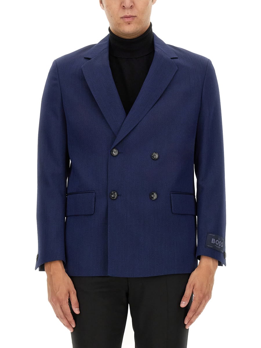 Hugo Boss Dual-breasted Blazer Buttoned Cuffs In Blue