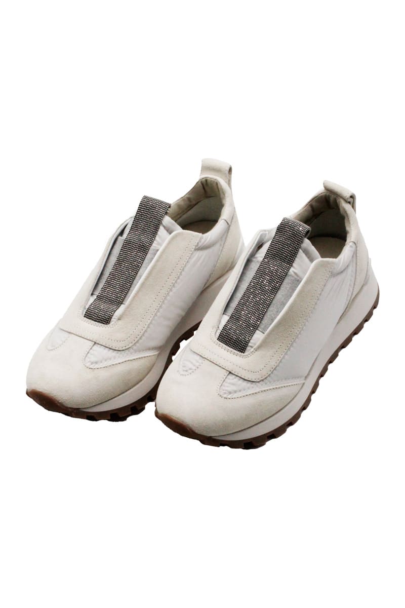 Shop Brunello Cucinelli Runner Shoe In Suede And Taffeta Embellished With Threads Of Brilliant Monili In White