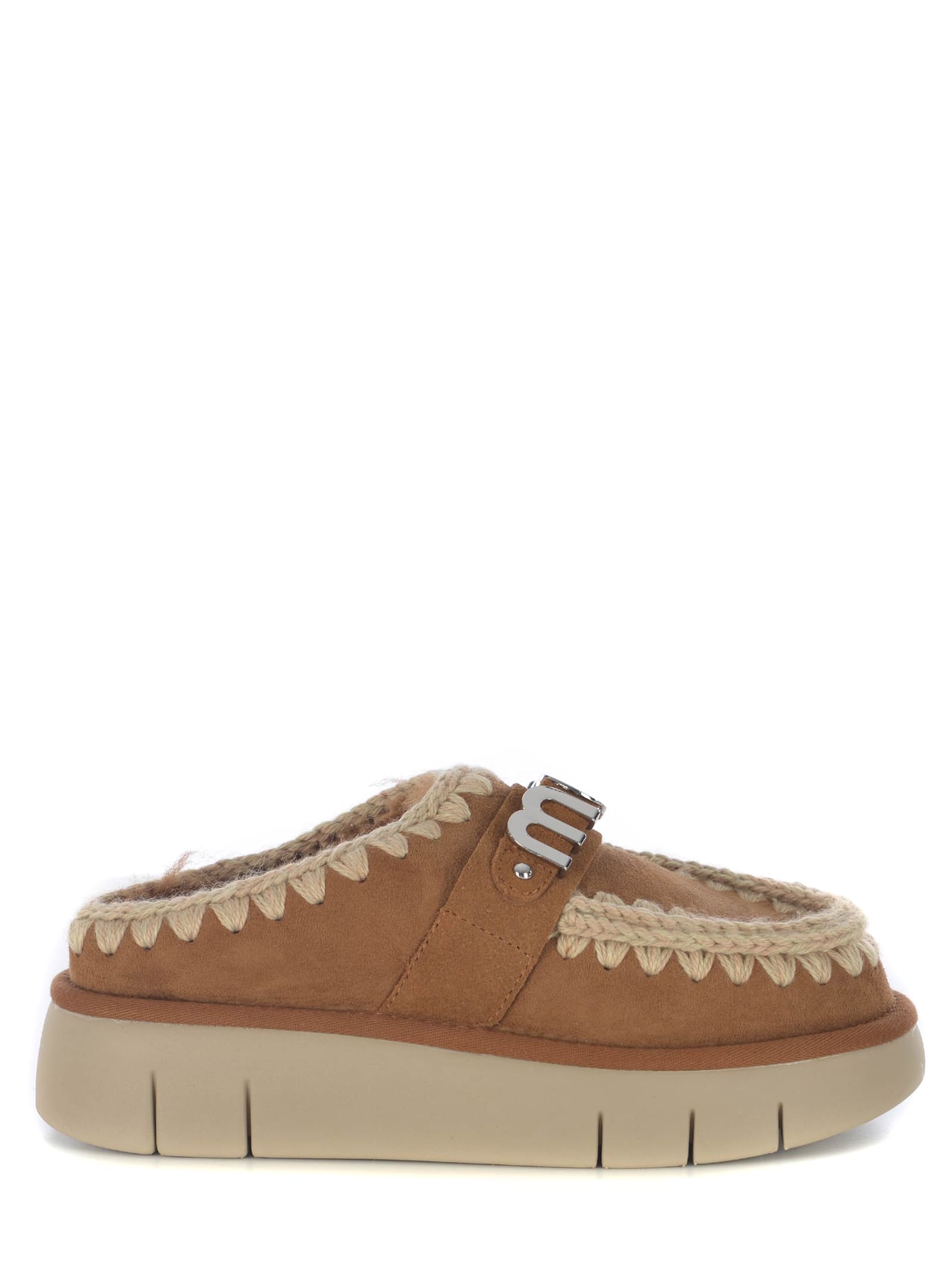 Shop Mou Slippers  Bounce Clog Metal Logo Made Of Suede In Brandy