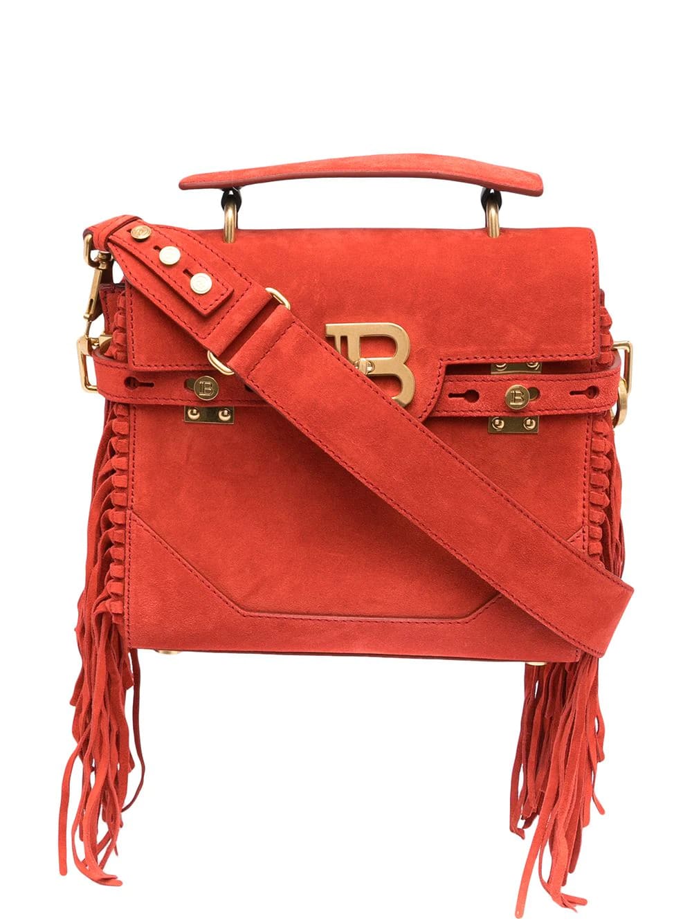 BALMAIN B-BUZZ 23 BAG IN RED SUEDE WITH FRINGES,VN0DB534LCRF 2PC