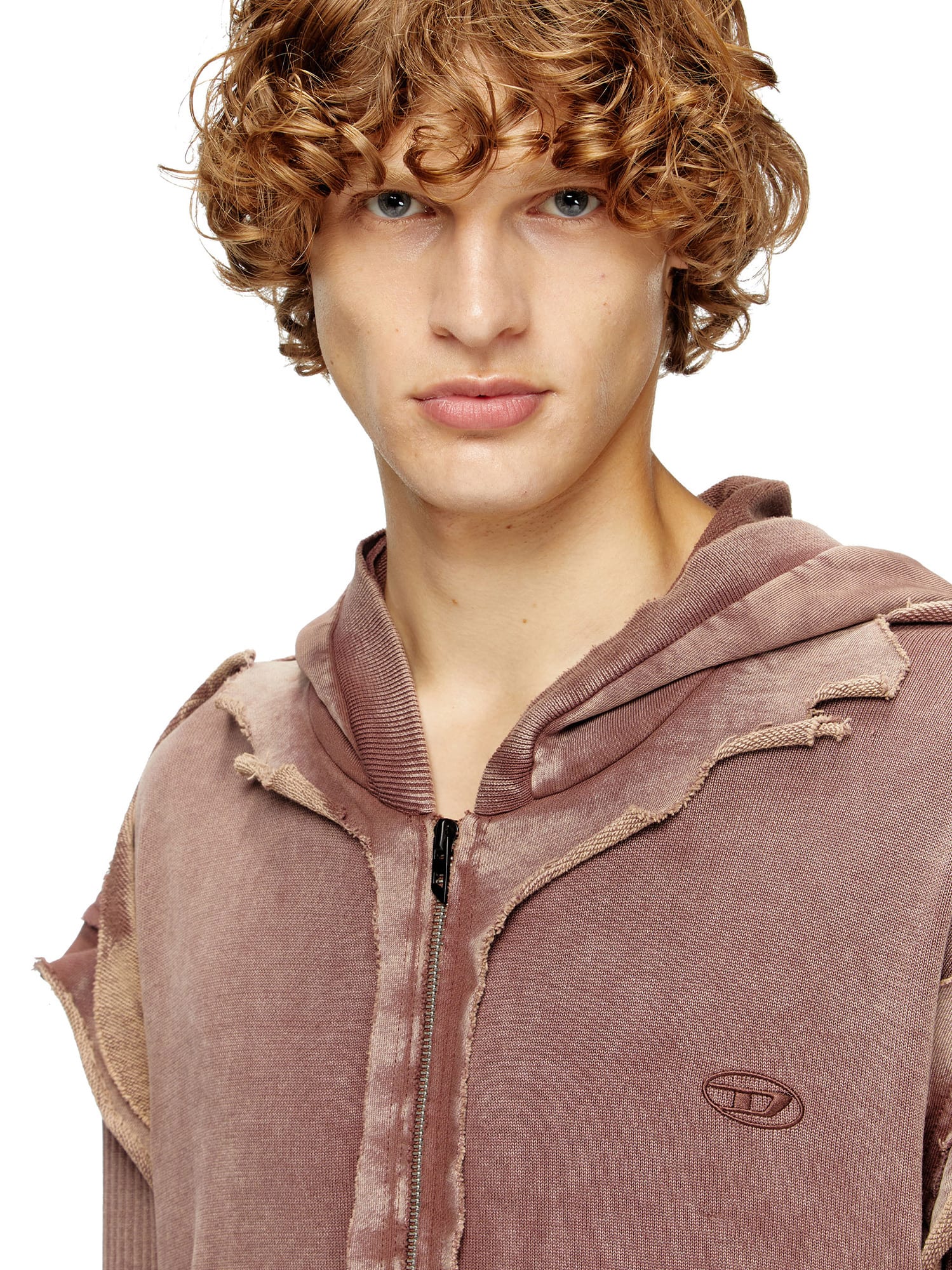 Diesel Hooded Crewneck With Ribbed Sleeves And Distressed Finish In Brown