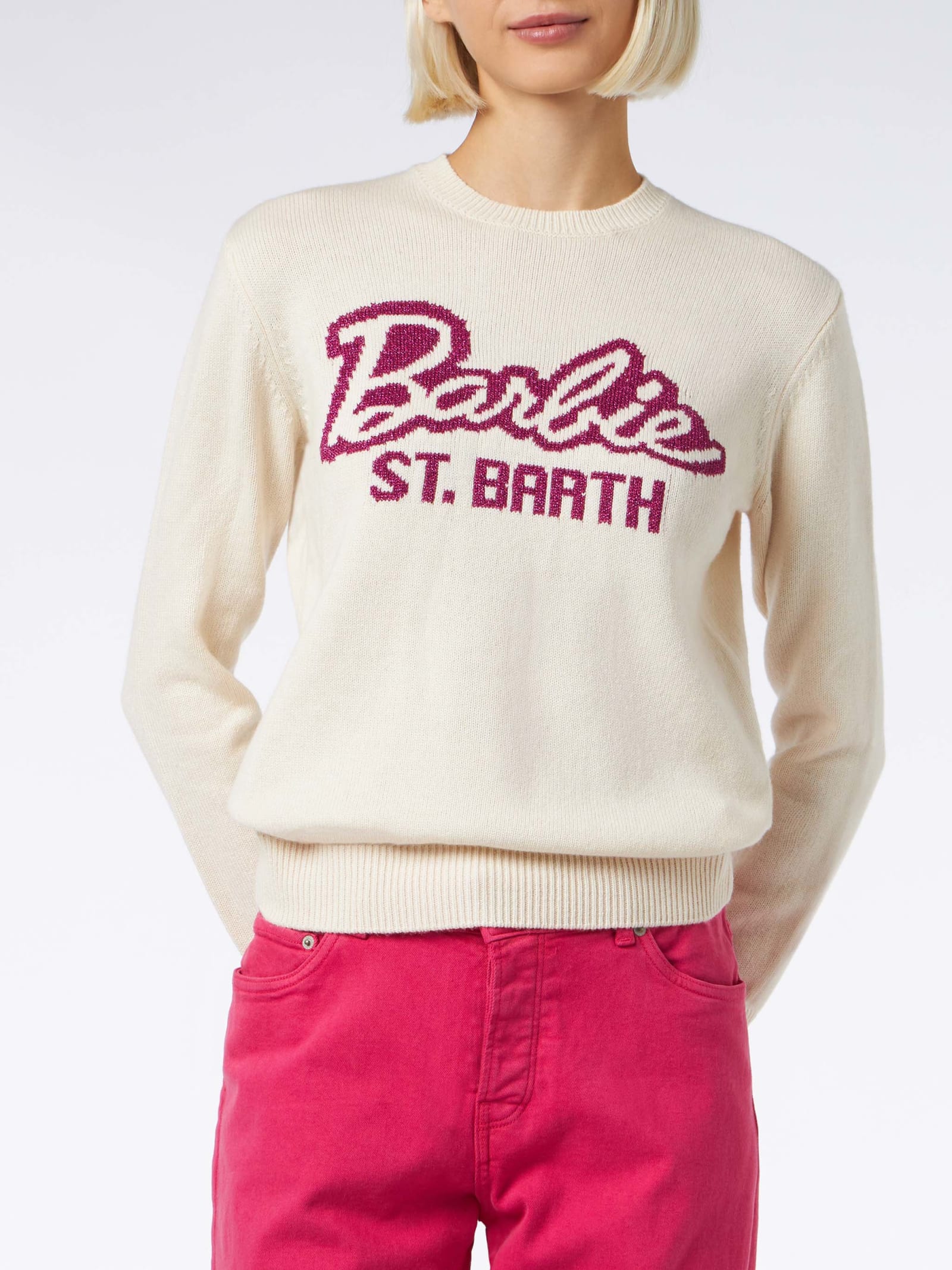 Shop Mc2 Saint Barth Woman Crewneck White Sweater With Barbie Print Barbie Special Edition