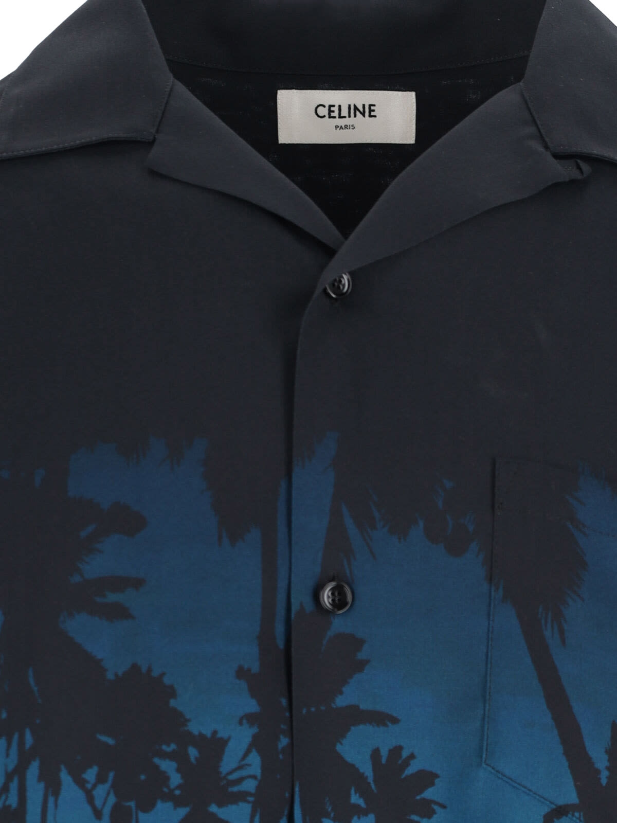 Celine Short Sleeve Shirt With Chest Pocket And Tropical Print In Black