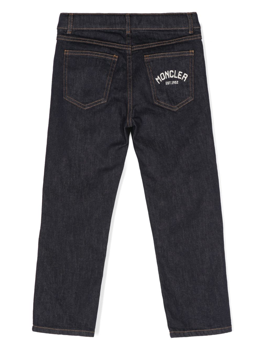 Shop Moncler Dark Blue Logoed Jeans