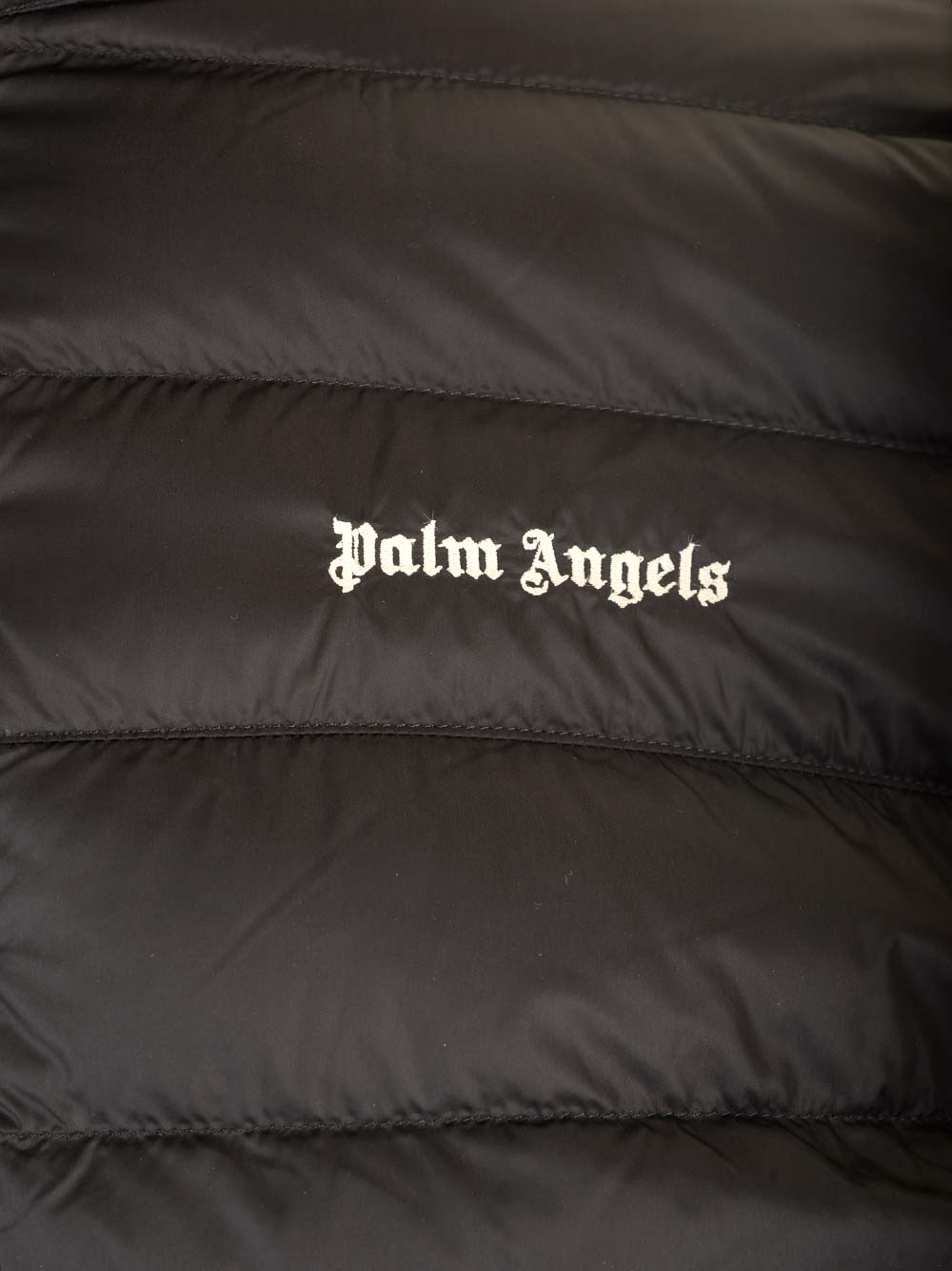 Shop Palm Angels Short Black Down Jacket With Logo